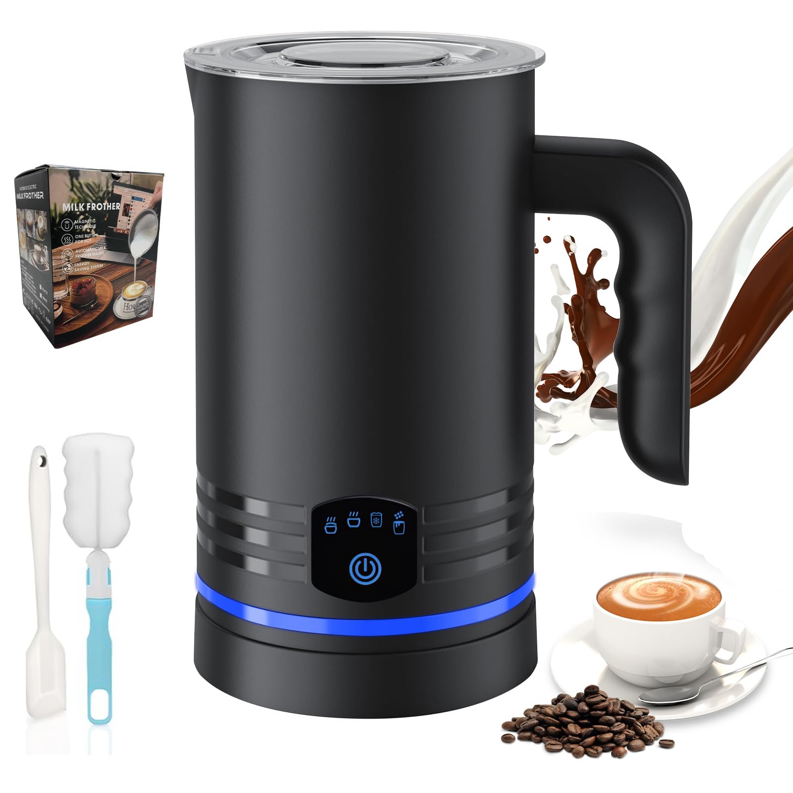 Espumador de Leche Eléctrico 4 en 1,600W Espumador Automático para Leche Caliente y Fría,430ML,Apagado Automático,Revestimiento Antiadherente,Silencioso,Capuchinos,Macchiato,Chocolate Caliente (Negro)