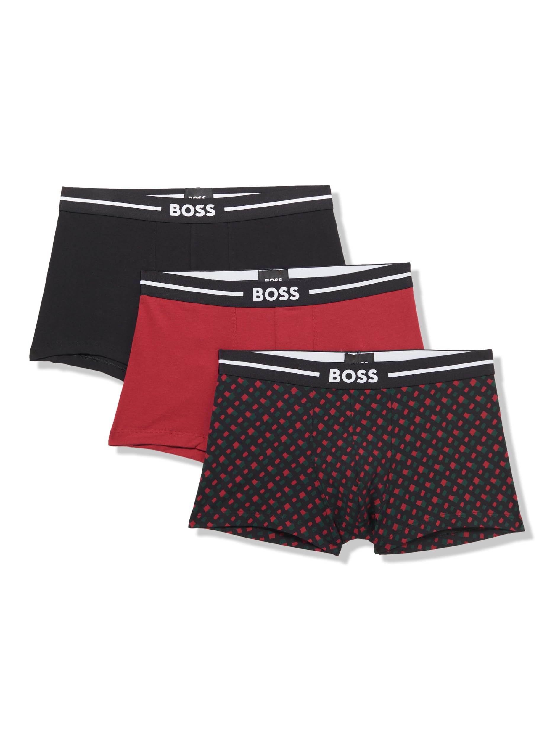 BOSS Men's 3-Pack Multi Design Bold Logo Trunks, Merlot/Black, S (Pack of 3)