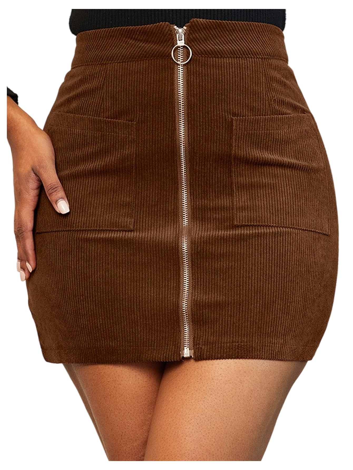 WDIRARA Womens Corduroy Mini Skirt Zip Front High Waisted Skirts with Pockets