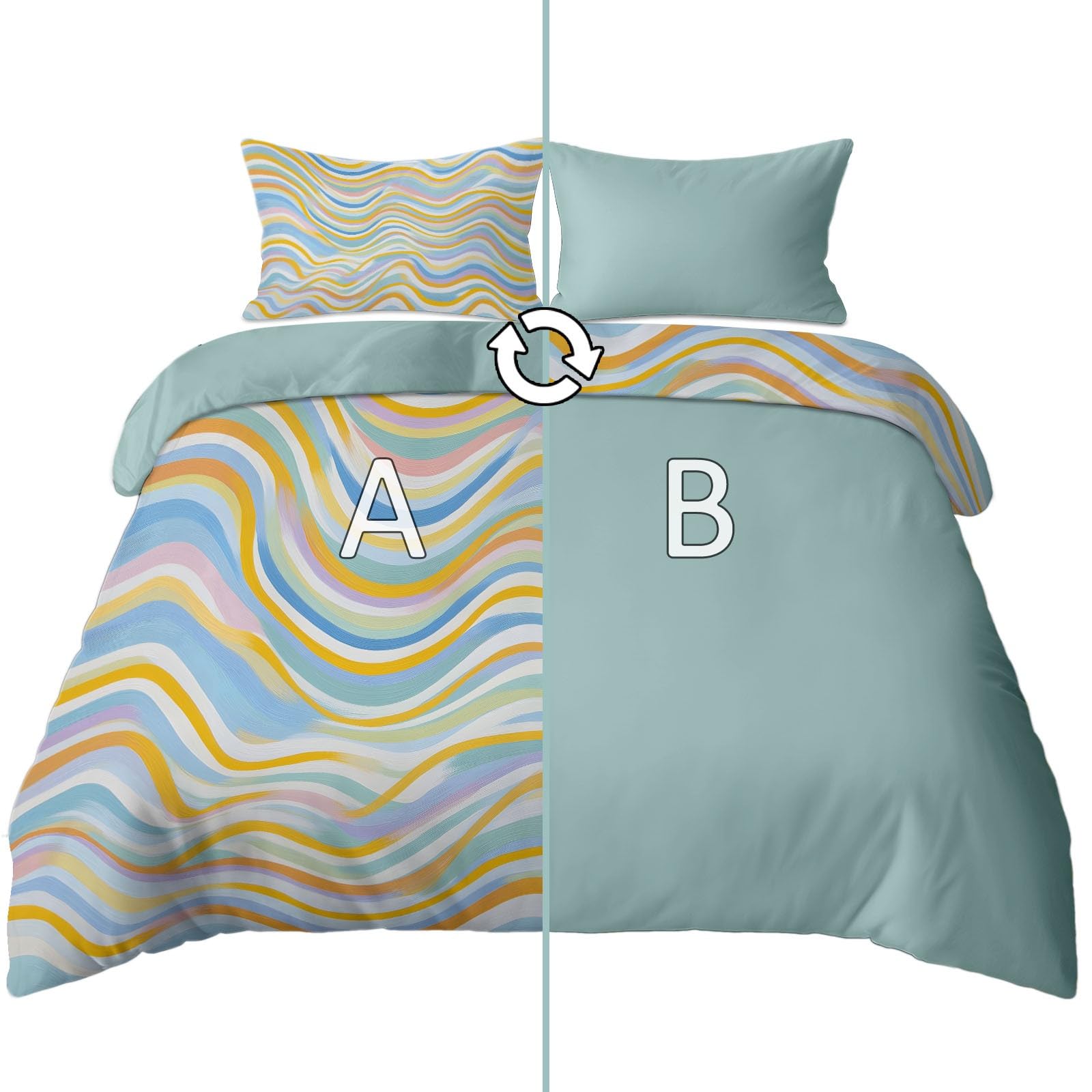 Pop Art Stil 3-teiliges Bettwäsche-Set, Minze 1 Bettbezug 200 x 200 cm und 2 Kissenbezüge 80 x 80 cm, Bunte WellenlinienWeiche Mikrofaser, Reißverschluss, Ganzjahres
