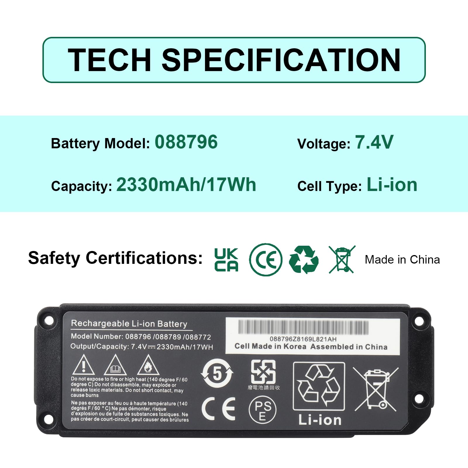 088796 088789 088772 080841 Batería para Bose SoundLink Mini 2, Mini II Batería para Altavoz Bluetooth Bose 7.4V 2330mAh/17Wh Li-Ion
