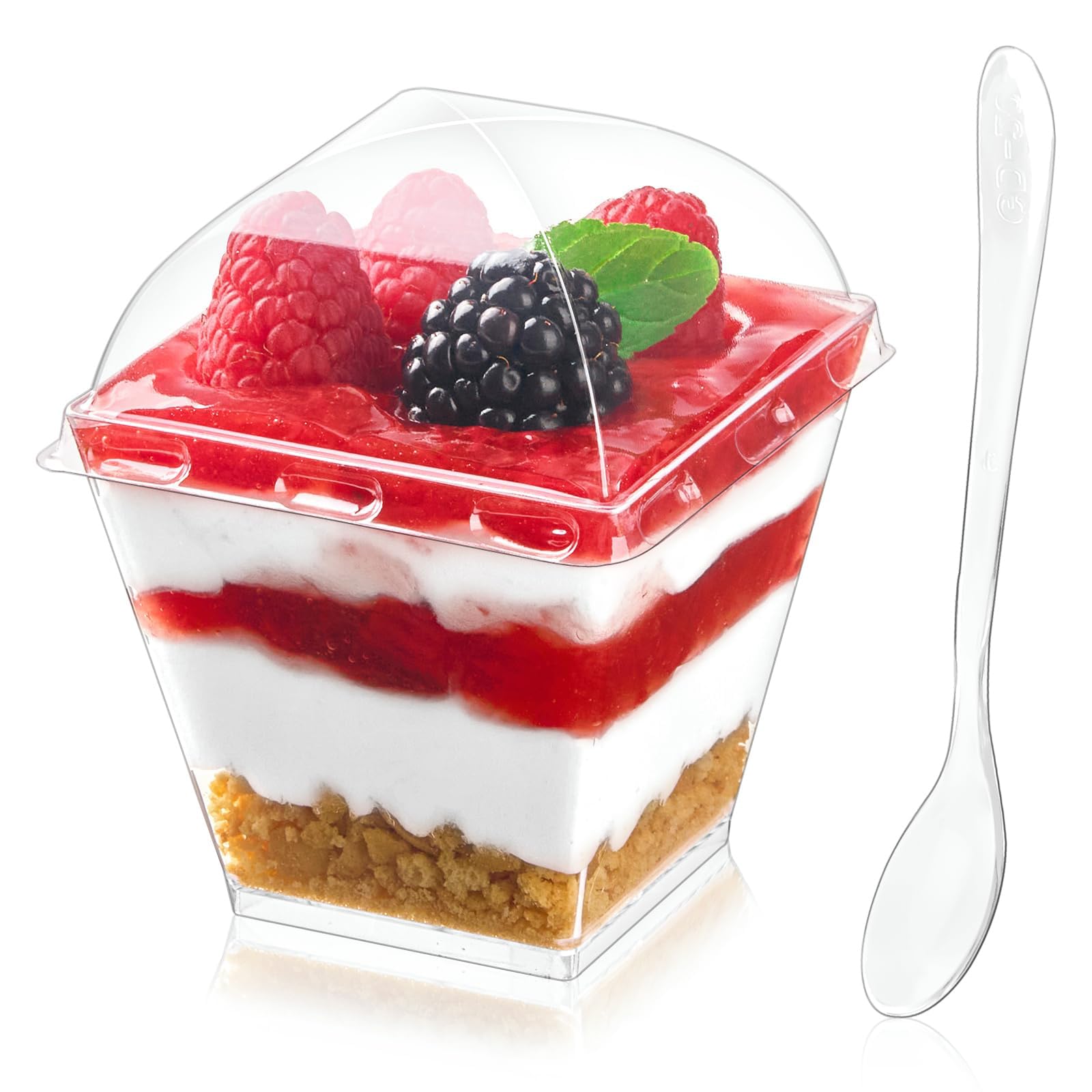 Zezzxu 50 Pack 7 oz Square Dessert Cups with Dome Lids and Spoons, Plastic Pudding Cups with Lids Mini Parfait Shooter Cups for Party Individual