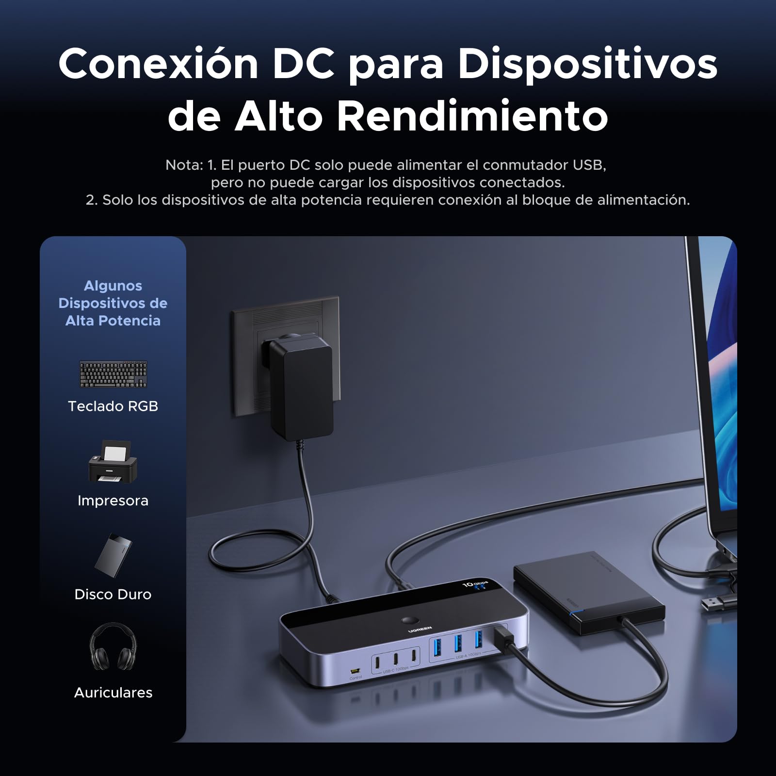 UGREEN Switch USB C 3.2 10 Gbps Conmutador KVM 2 Entradas de PC Comparten 7 Dispositivos USB (4A3C) para Teclado Ratón Disco Duro Impresora Escáner y Micrófono con Adaptador de Corriente DC 12 V