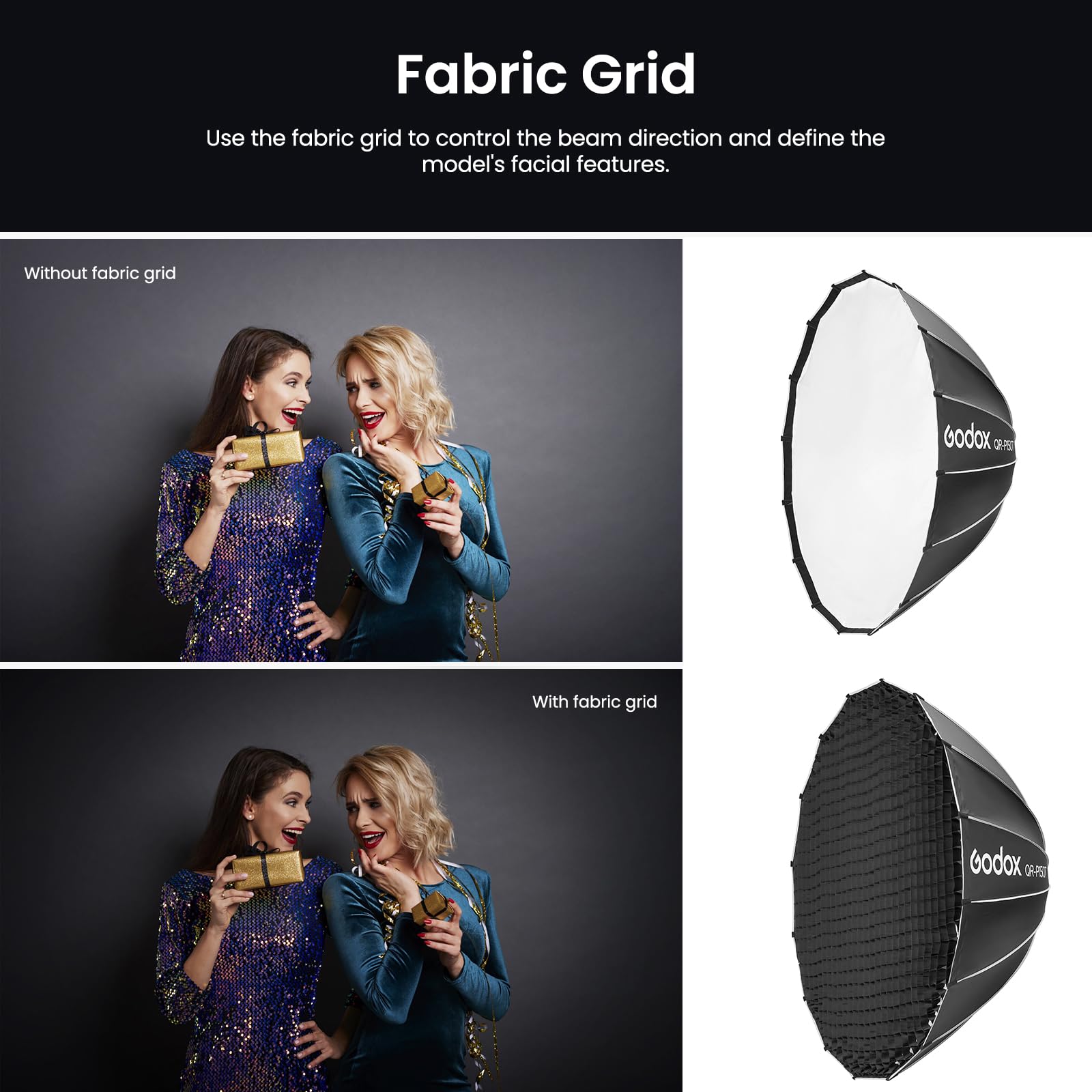 Godox QR-P150T Boîte à lumière parabolique à libération rapide avec grille en nid d'abeille, support Bowen avec diffuseur avant et intérieur sac de transport pour Godox MS300 MS300-V SK400II QT600III