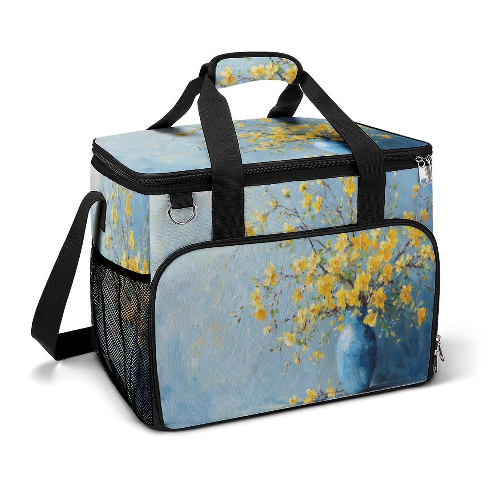 Bolsa térmica con diseño de flores amarillas en florero, bolsa térmica para playa, portátil, a prueba de fugas, con correa para el hombro
