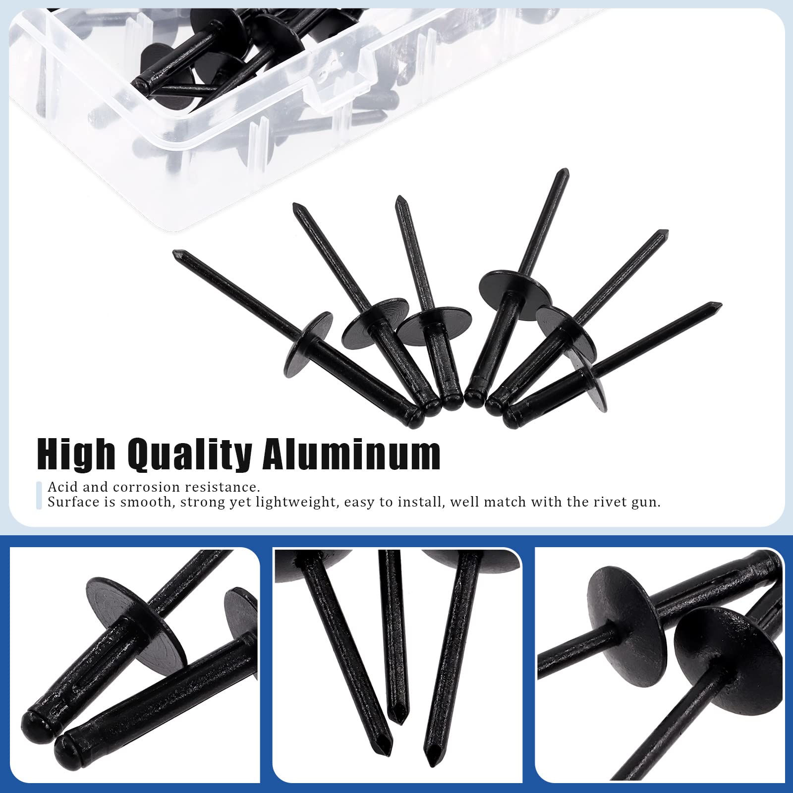 GLARKS G-1991 75Pcs 3/16 inch x 5/8 inch / 13/16 inch / 1 inch Black Large Flange Blind Rivets Pop Rivets Assortment Set for Joining Metal Plate Pipe Automotive - Image 4