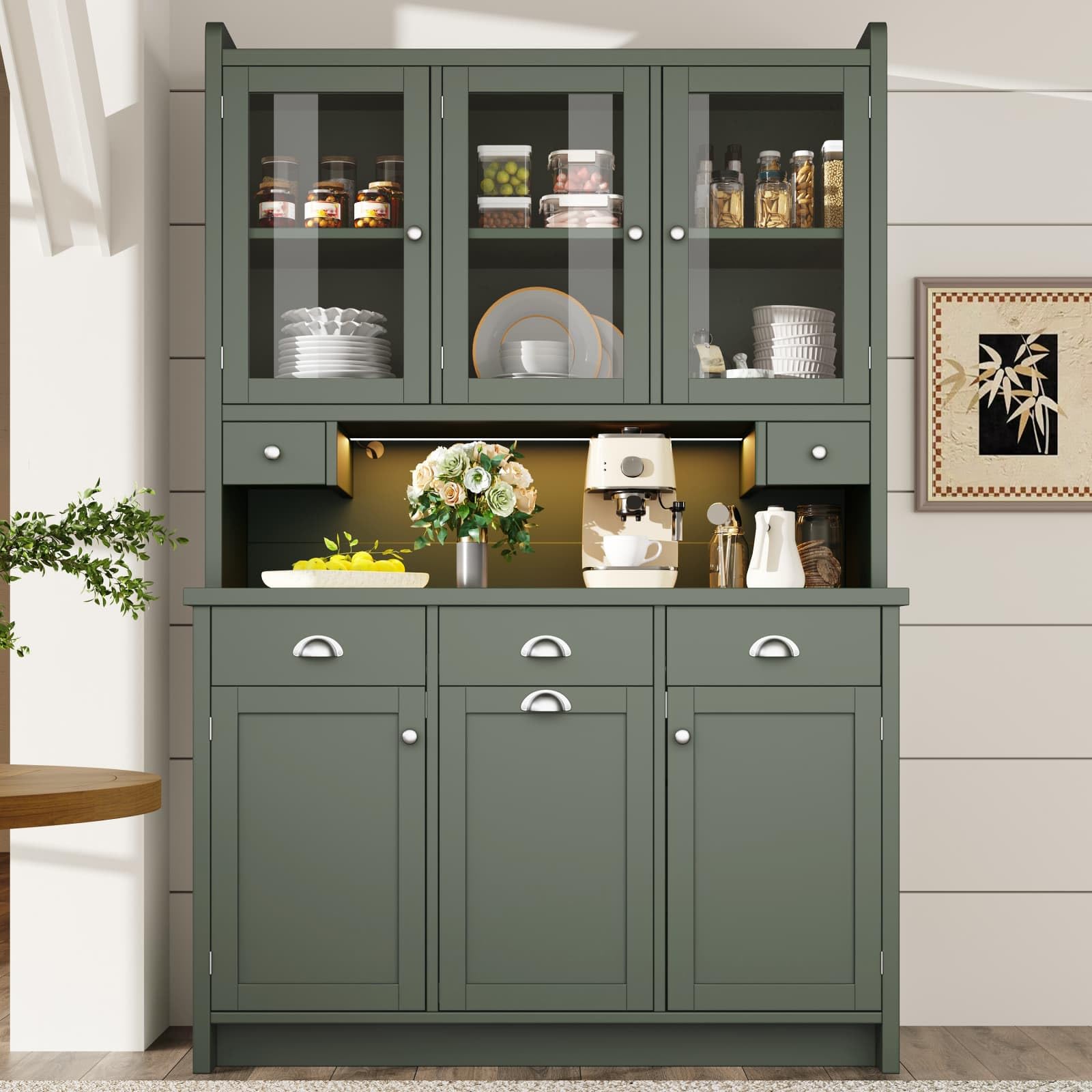 KOMHTOM Armoire de Cuisine, Armoire de Salle à Manger, Buffet, Dispositif Anti-basculement, avec éclairage LED, Porte Coulissante en Verre et 2 Tiroirs de Rangement (Vert-12)