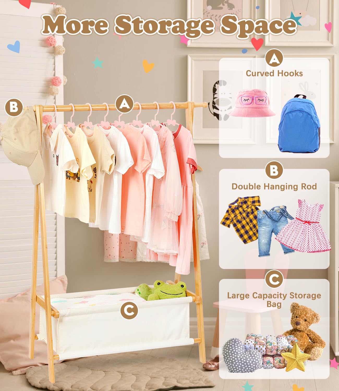 Portemanteau Enfant Relaxdays - Bois Blanc 99x64,5x42,5cm - Tringle Et Compartiment - Autonomie Enfant