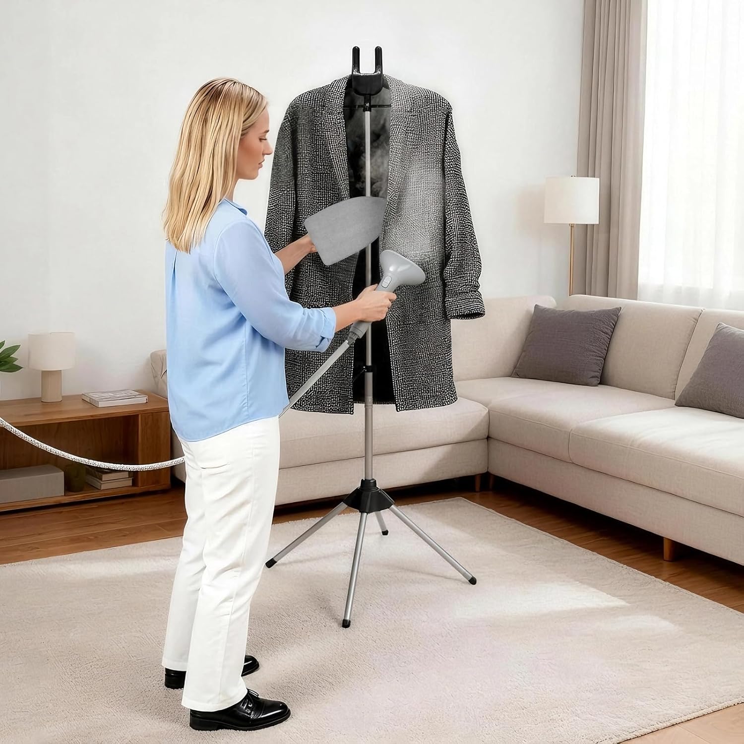 Steamer Stand for Clothes with Ironing Gloves & Carrying Bag Portable Adjustable Garment Steamer Stand Handheld Steamer Hanger Rack for Travel Home, Black