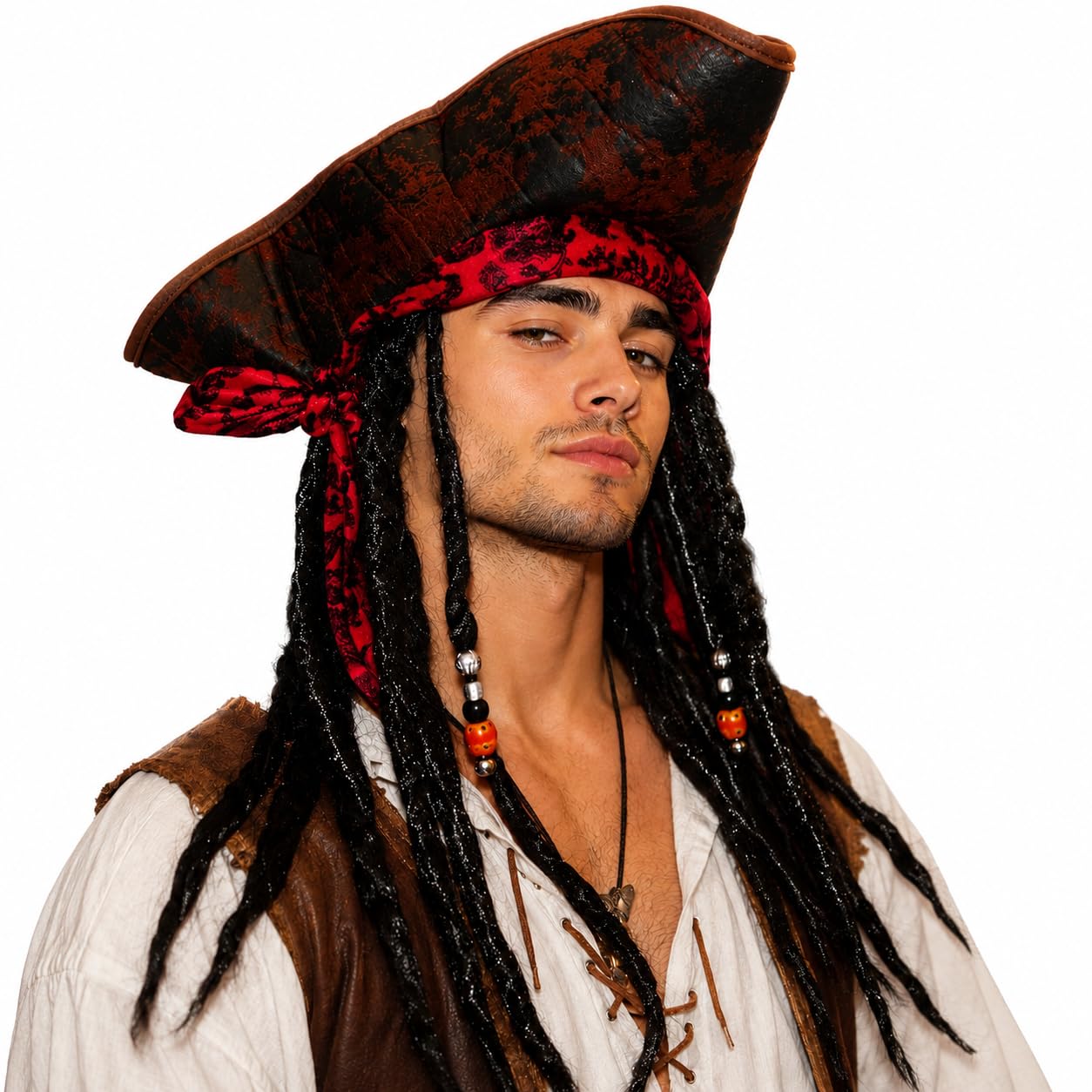 Stylex Party Pirate Hat with Attached Braided Dreadlock Wig – Adult Fancy Dress Costume Accessory for Halloween, Cosplay, Themed Parties & Stage Performances