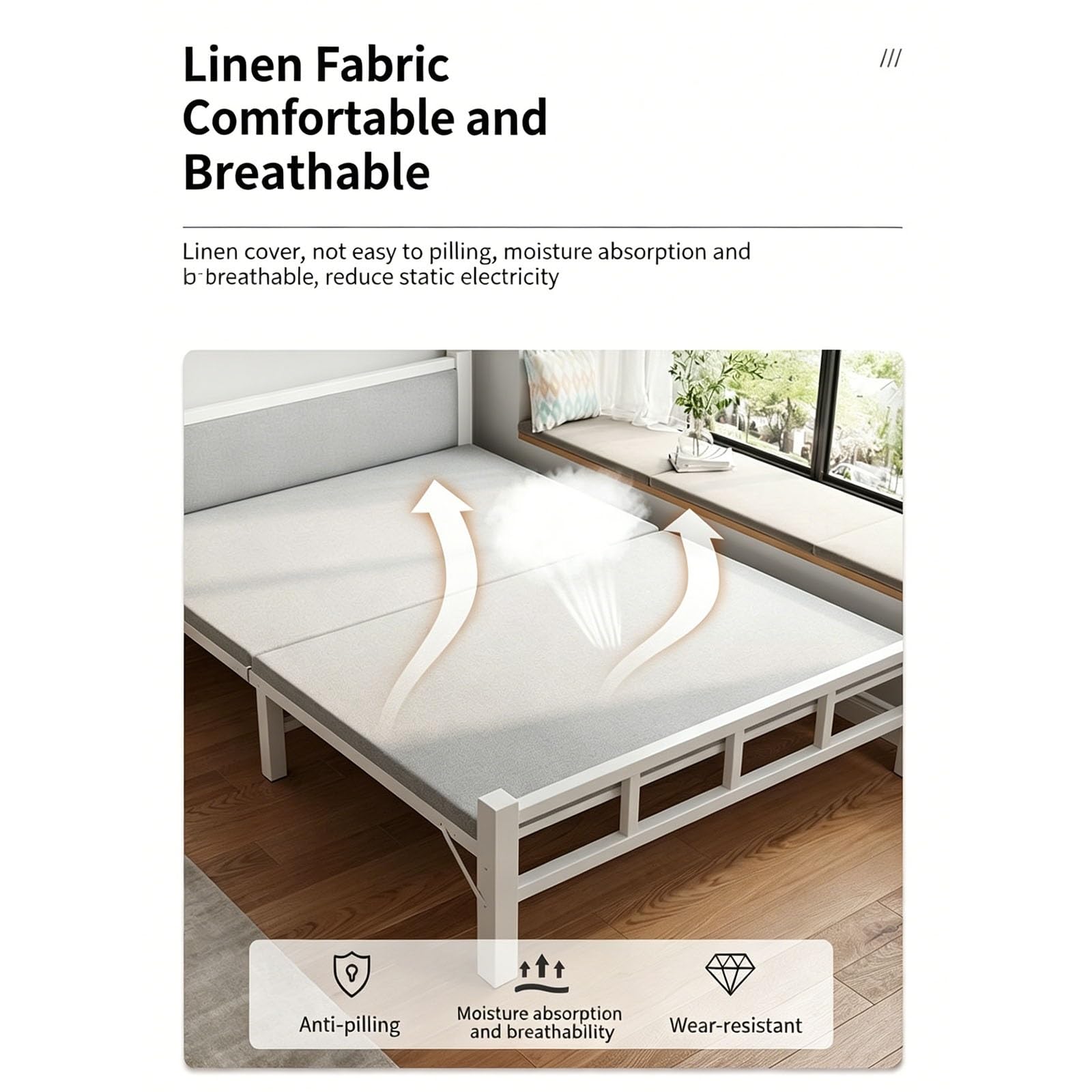 Folding Metal Guest Bed Frame with Upholstered Headboard, No Assembly Platform Bed, for Guest Room, Apartment, Multiple Size Options(90x190cm)