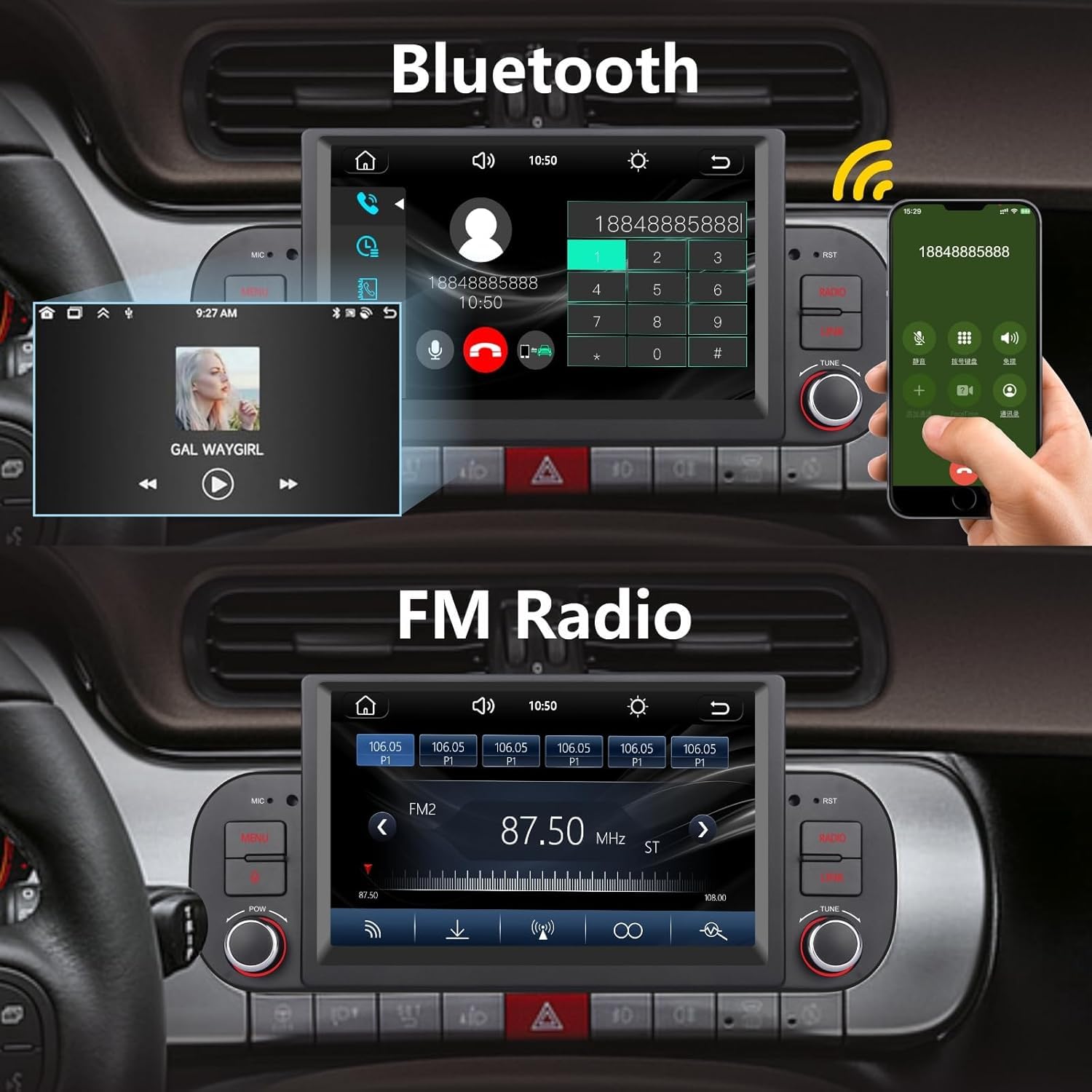 Autoradio Double Din per FIAT Panda 2013-2020 con CarPlay wireless di Apple e Android Auto, comando vocale, display IPS/GPS Navi/Bluetooth/FM/AM/USB/EQ/Touch Display