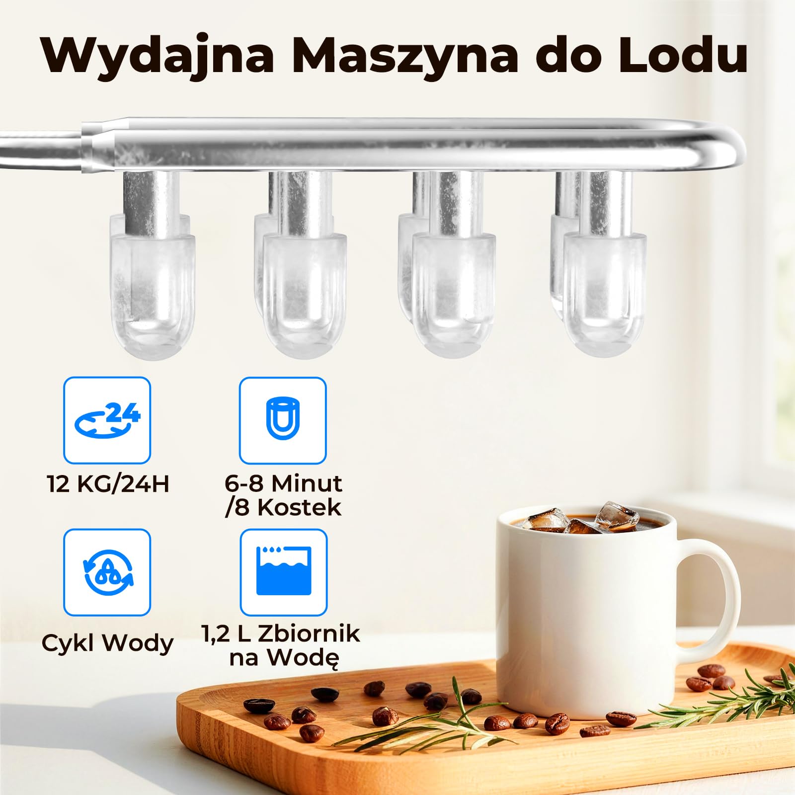Maszyna do Lodu 12KG/24H, Samoczyszczenie, Zbiornik 1.2L, 2 Rozmiary Kostek Lodu (S/L), Wskaźniki Pełny Pojemnik & Brak Wody, Kompaktowa do Kuchni/Biura/Imprez, Czarny