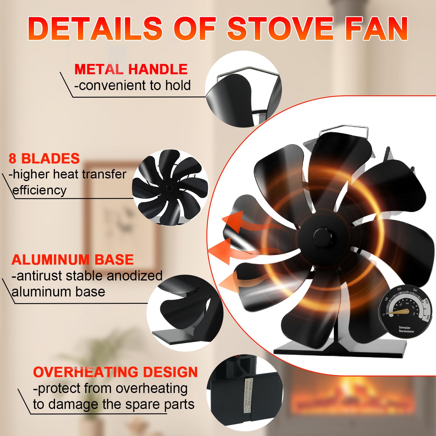 Tomersun 8-Blade Log Burner Stove Fan Heat Powered- Wood Burning Stove Fan with Thermometer for Fireplace/Log Burner/Woodburner/Multifuel Stoves - Image 3