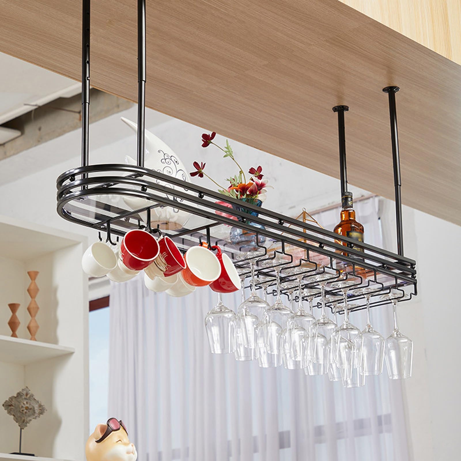 ASYJVWYZ Wine Glass Hanger With Top Shelf, Overhead Mounted Stemware & Coffee Cup Organizer For Kitchen Bar, Adjustable Metal Rack(Black,80x25cm/31x9.8in)