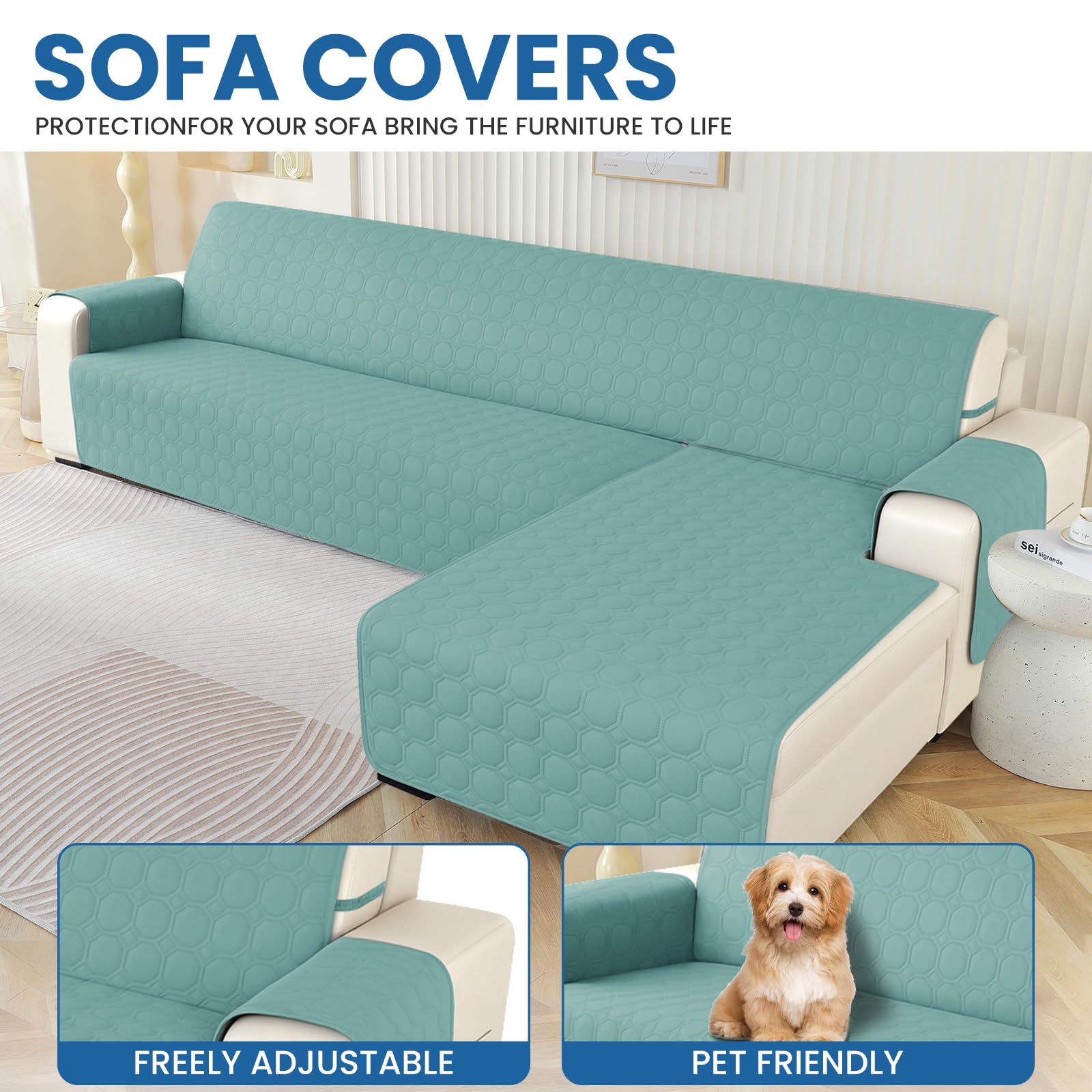 Ystyle Fundas para Sofa Chaise Longue 2 Plazas Impermeable, Fundas Sofa Chaise Longue Izquierda/Derecha Universal Reversible, Protector de Muebles Antideslizante y Antimanchas, Azul Clearwater