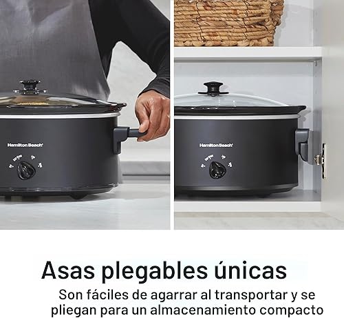 Miniatura 2 de Hamilton Beach Olla de cocción lenta de 6 cuartos de galón con asas plegables que ahorran espacio, 3 ajustes de calor, recipiente de cerámica y tapa