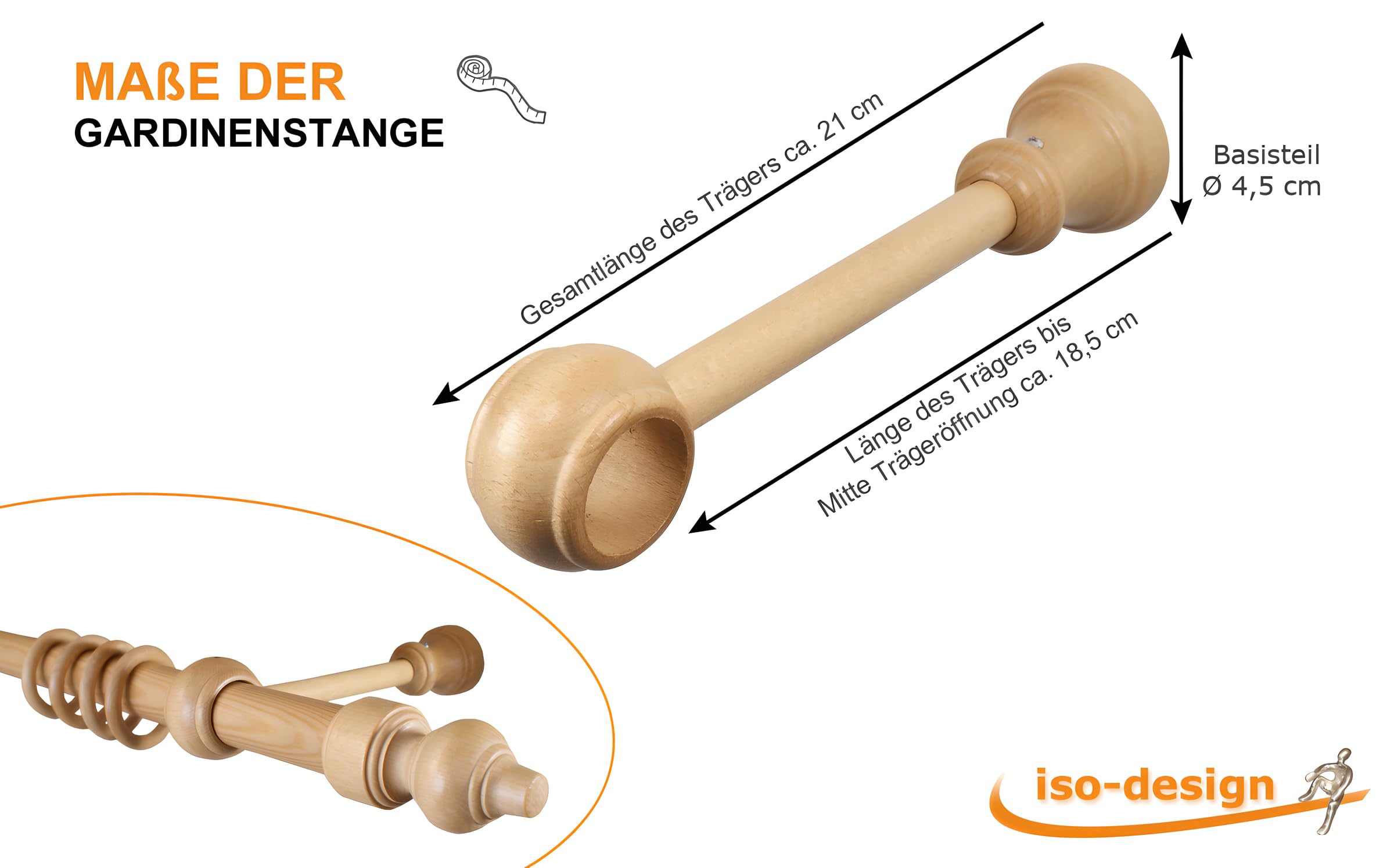iso-design Holz Vorhangstange Filigrano mit 28 mm Durchmesser in Eiche hell, viele Größen, Gardinenstange inklusive Gardinenringe 280 cm (mittig geteilt)