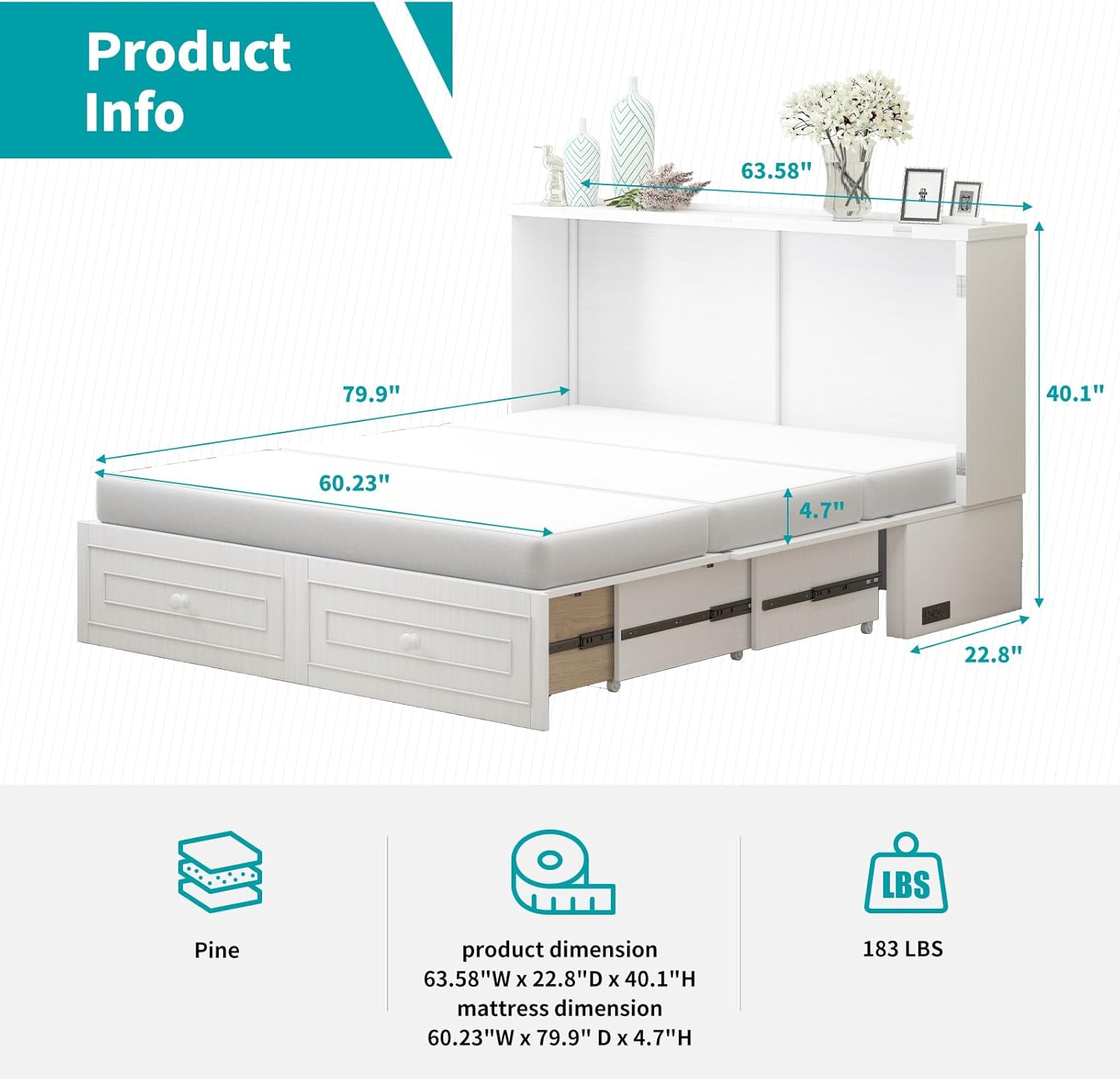 BALUS Murphy Bed, Cabinet Bed with Queen Tri-fold Foam Mattress, Modern Adults Guest Room Bed Frame with Built-in USB Charging Station and Storage Drawers for Bedroom Apartment - White