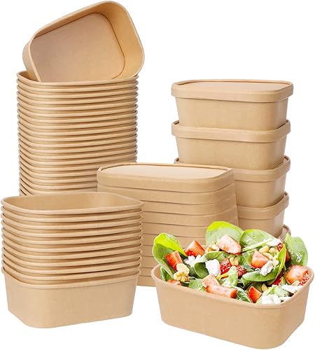 Norme 50 cuencos desechables con tapas, cuencos desechables de 25 onzas para preparación de comidas, recipientes de papel kraft para microondas con