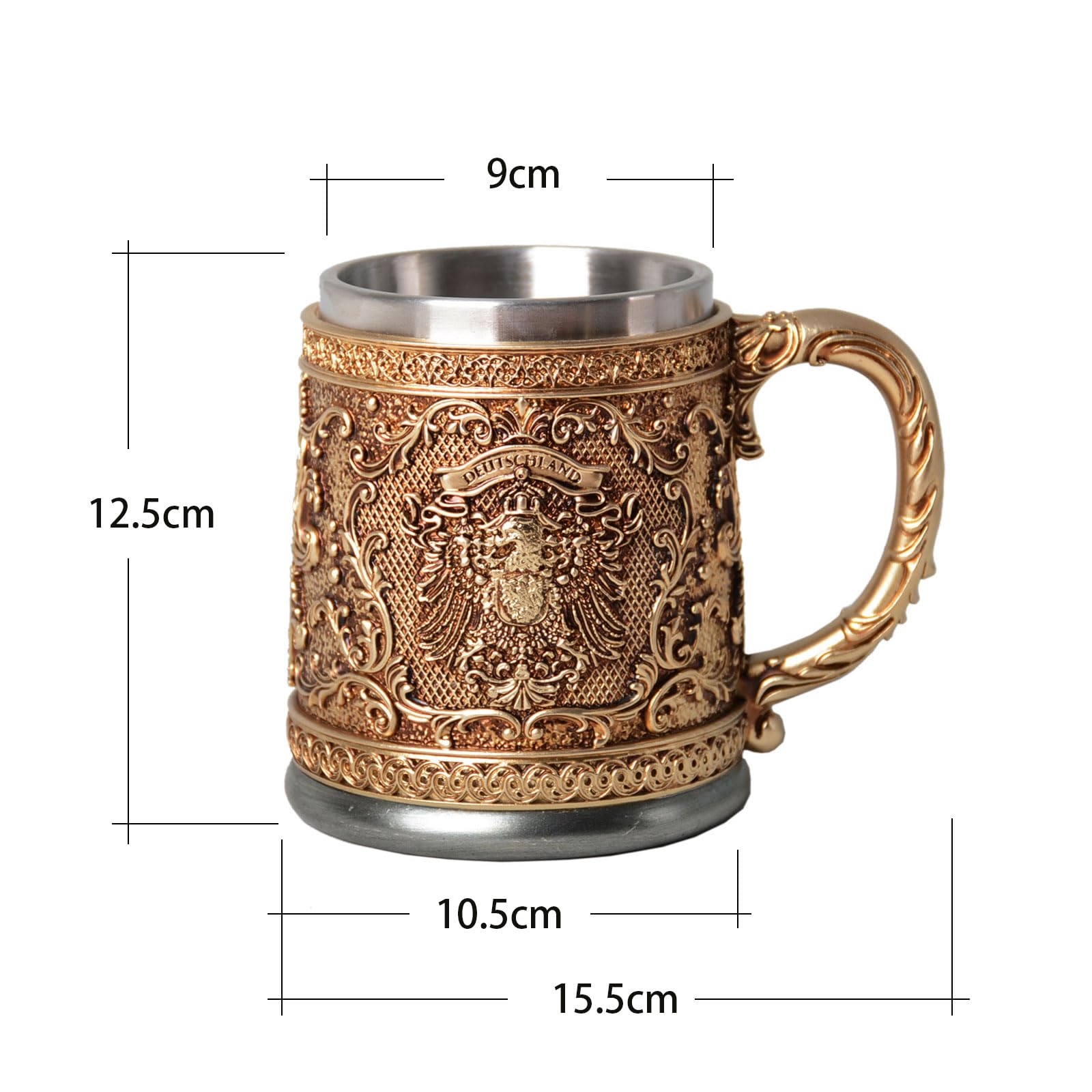 HAUCOZE Kufel do piwa z kubkiem ze stali nierdzewnej, kubek do piwa z uchwytem, kubek do piwa z uchwytem, dla mężczyzn, na Oktoberfest, prezent dla ojca, wzór godła Niemiec, 450 ml