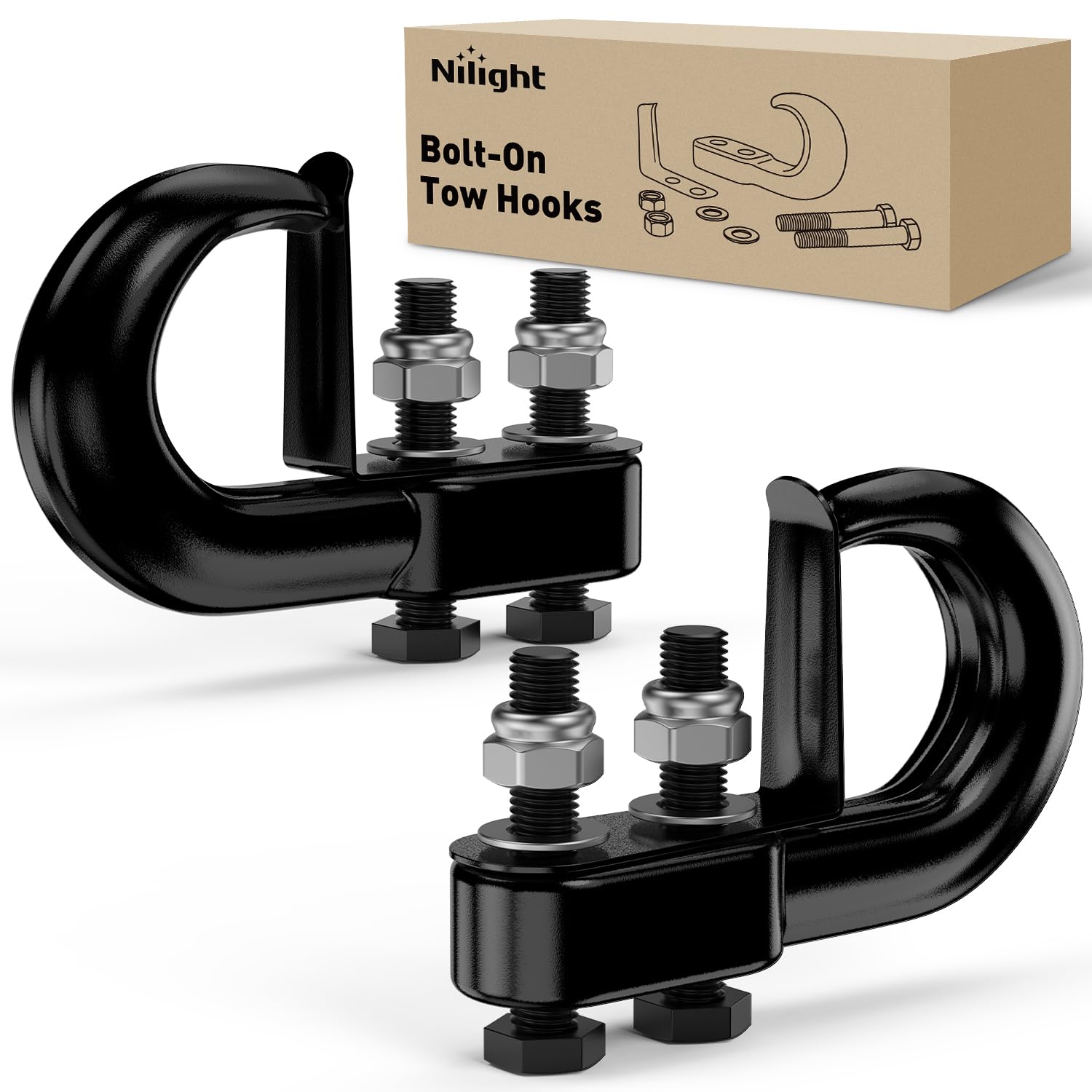 Nilight 2Pcs Bolt-On Tow Hooks with Spring Clip 10,000LBS 2Pcs Black Forged Recovery Tow Hooks Compatible with Jeep Ford Dodge Chevy GMC Toyota Pickup Truck