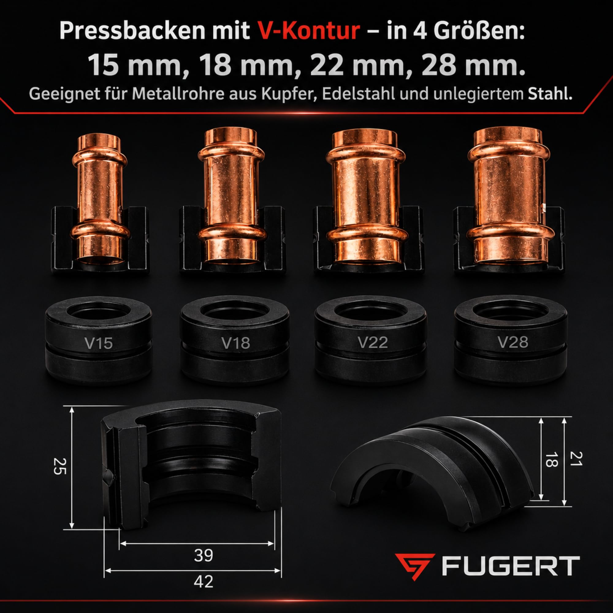 Rohrpresse Akku 10T Akku Presszangen Set 2x 4.0Ah 20V Hydraulische Presszange mit TH U V Pressbacken 360° Drehkopf LCD LED Komplettset für Sanitär, Heizung & Montage