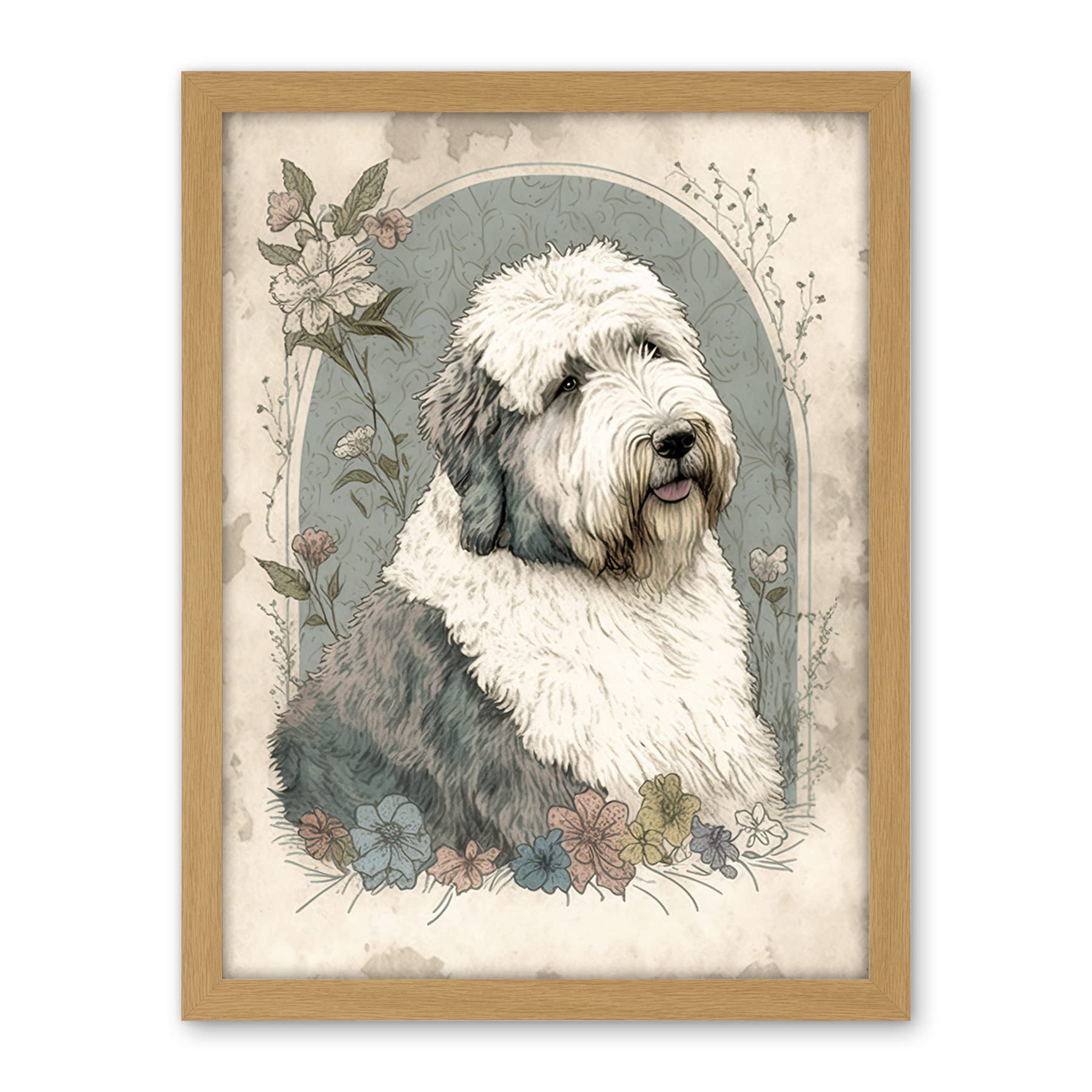Artery8 English Sheepdog with Flower Blooms Boho Portrait Watercolour Illustration Artwork Framed Wall Art Print 18X24 Inch