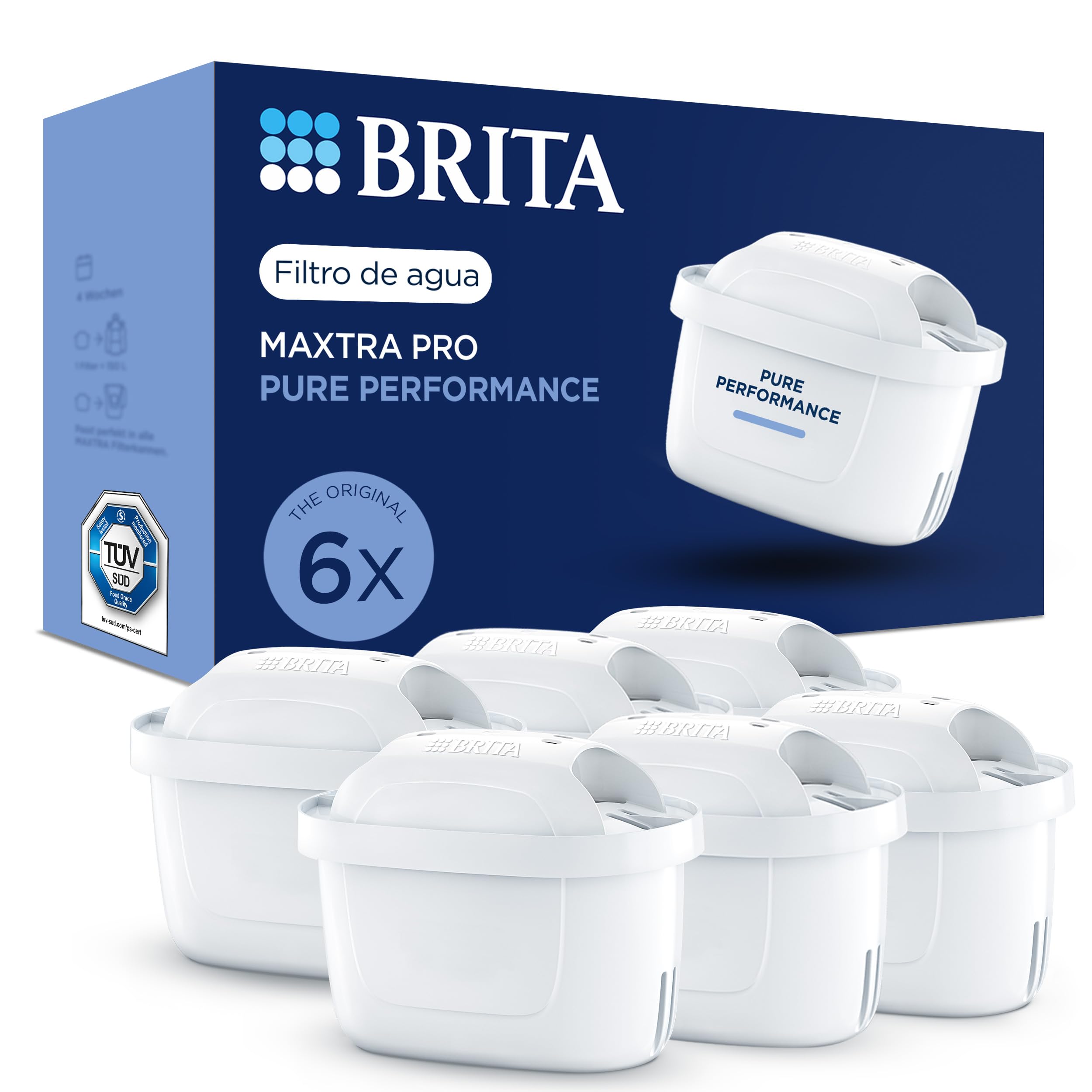 BRITA Cartucho Filtrante de Agua MAXTRA PRO Pure Performance (All-in-1) Pack 6 | Recambio original para todas las jarras BRITA para agua de sabor puro - filtra PFAS, cloro, cal y metales