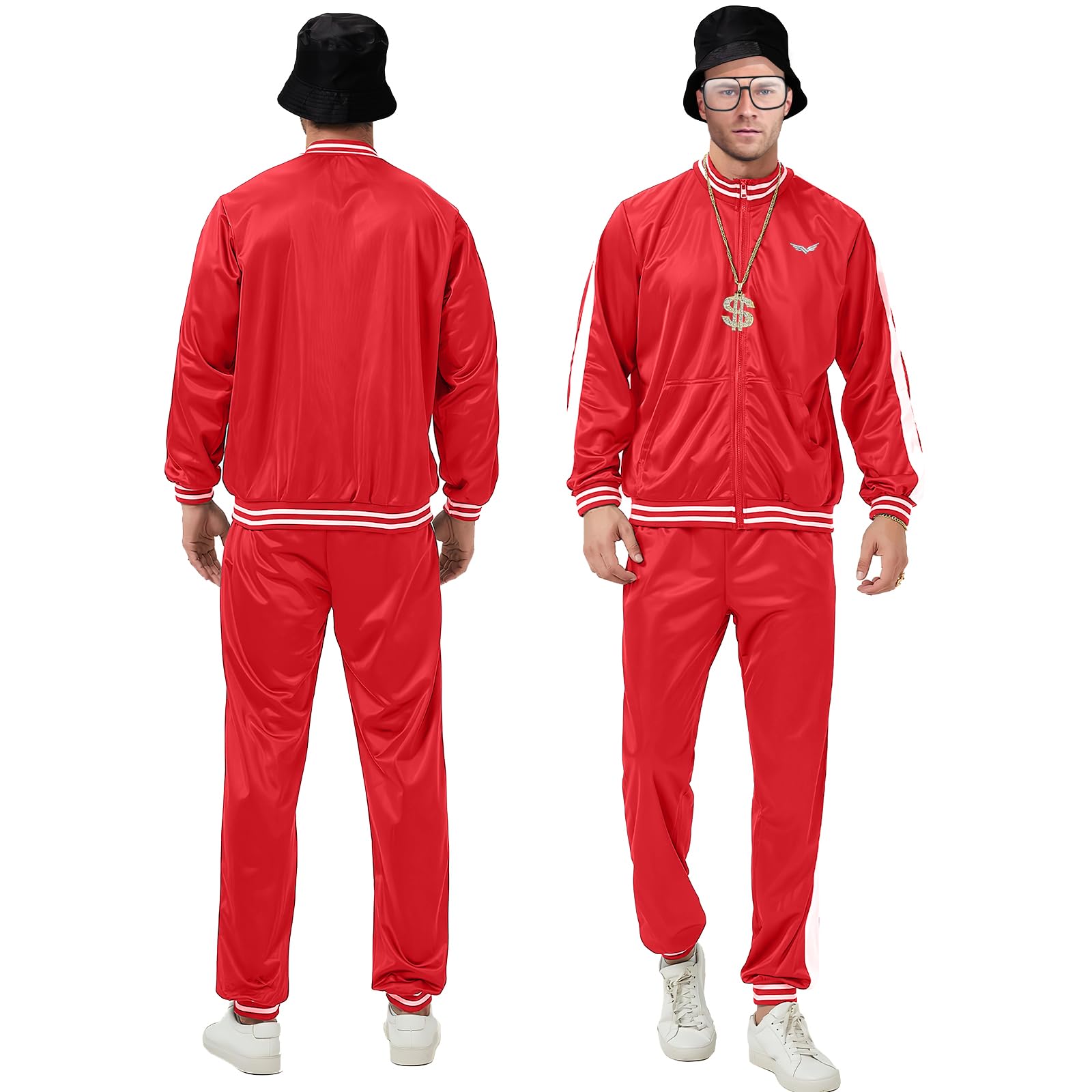 9 Pcs 80s Tracksuit for Men Halloween Costumes Retro Windbreaker Outfit 90s Mens Track Suits Sportswear for Halloween Carnival Party Disco Party Costumes (Red - Image 2