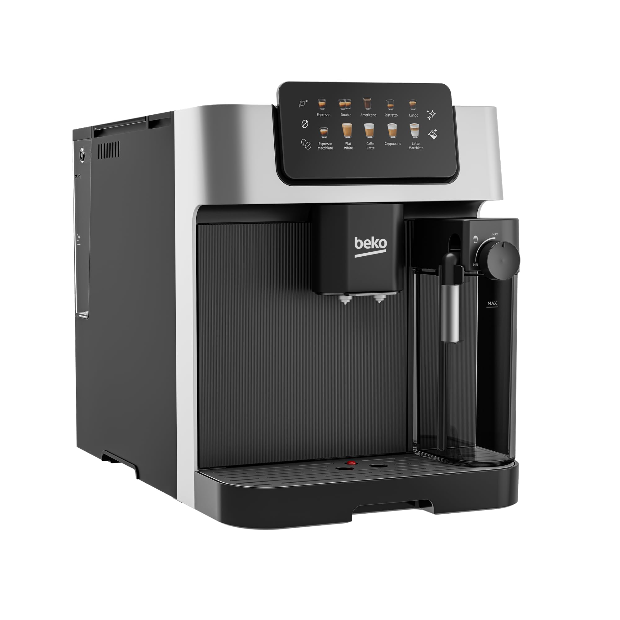 BEKO CEG7304X - Macchina Caffè Automatica Caffe in Grani con Macina Caffè e Chicchi Integrato - Macchinetta con Lattiera per Espresso e Cappuccino, Display Touch, Pressione 19 Bar 27,5x40,5xh34 - Nero
