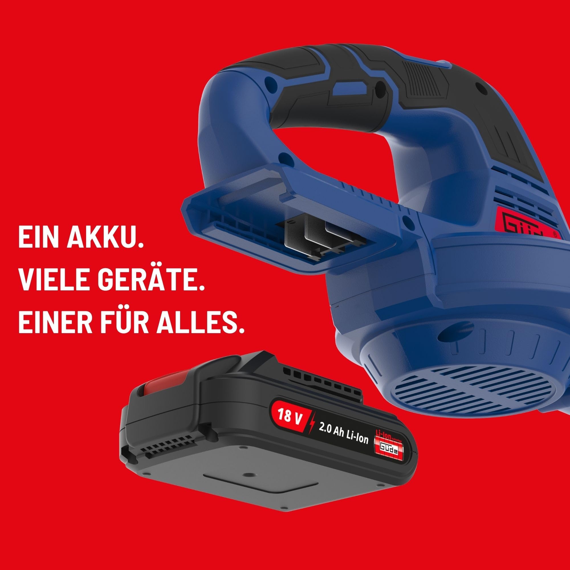 Güde Soplador de Hojas 58589 LB 18-201-05 (18 V, Easy Energy Exchange), Color Azul, Negro y Rojo