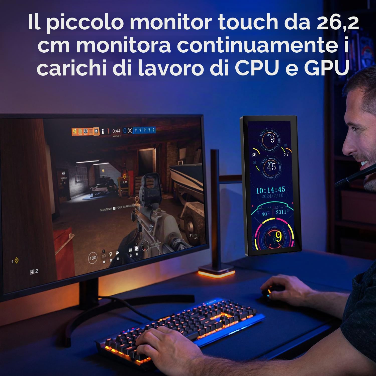 Prechen 10,3 Pollici Monitor Secondario Touchscreen, IPS 1920x720 Display | LCD, HDMI e USB-C, Portatile Schermo Tattile per Computer Monitoraggio GPU, CPU, RAM