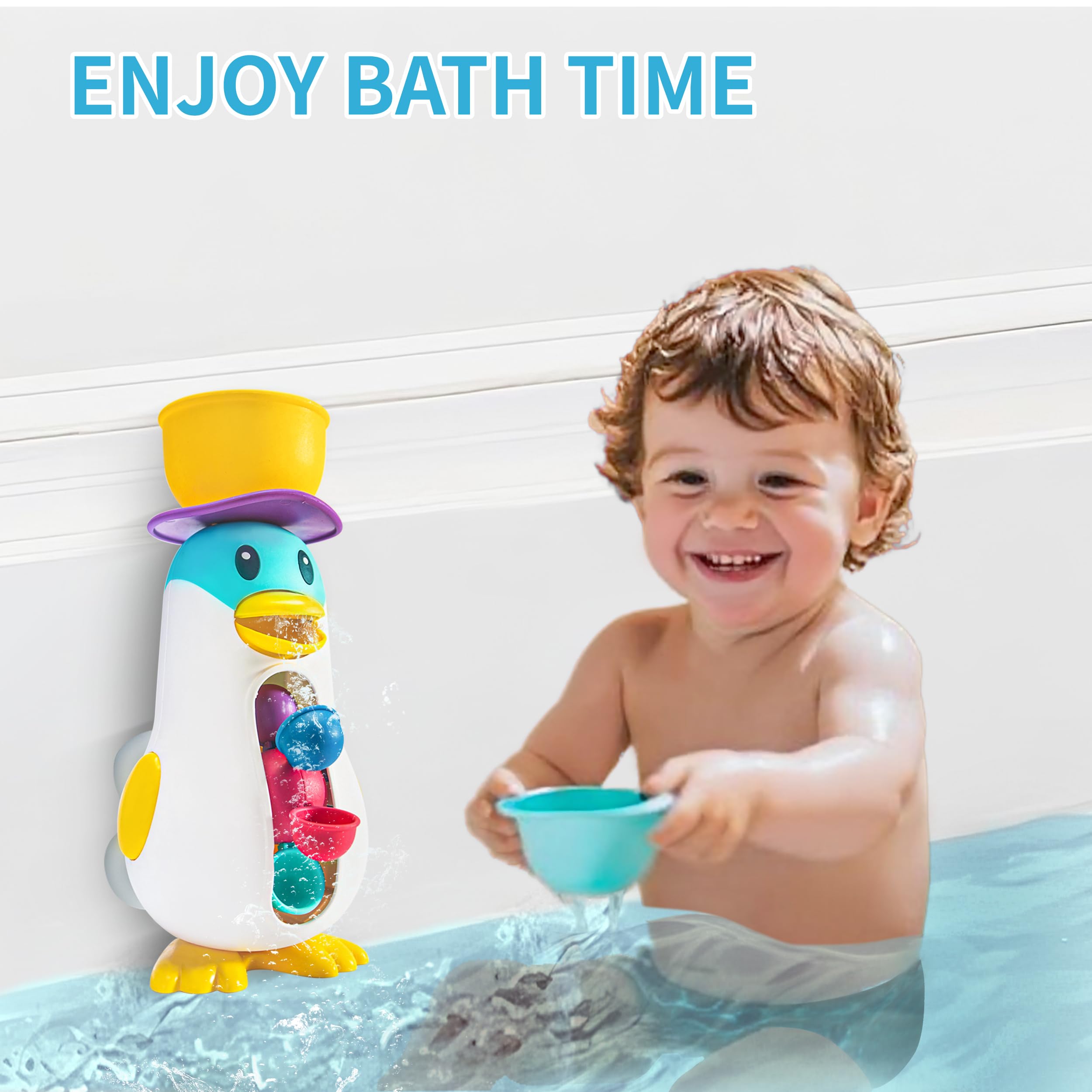 Juguete de baño para bebé, juguetes de bañera para niños pequeños con ventosas, juguetes de baño de pingüinos con rueda de agua giratoria, regalo de cumpleaños para niños y niñas 2