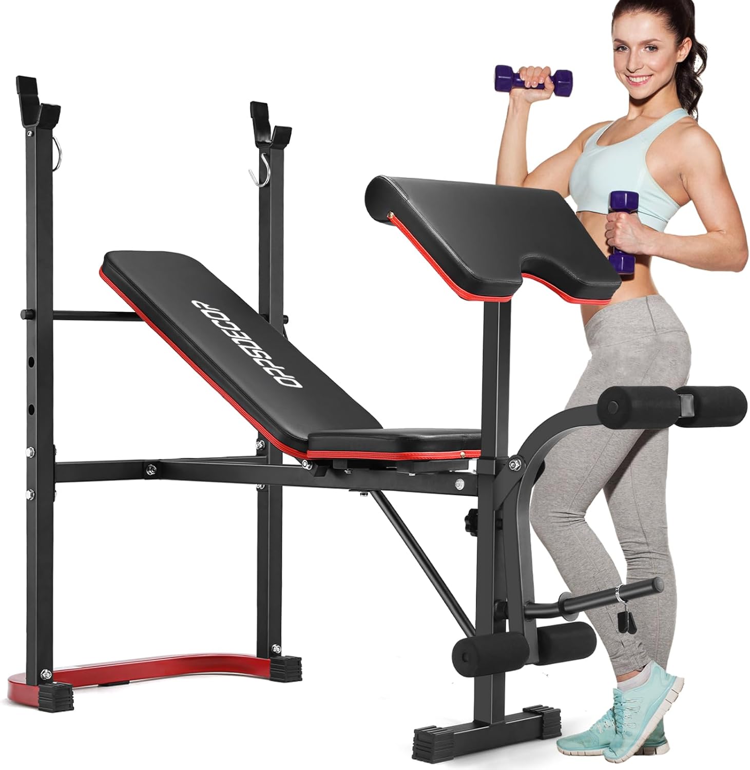 OPPSDECOR Adjustable Weight Bench Set with Leg Developer & Preacher Curl Pad, Full Body Workout Bench Press Set with Squat Rack for Home Gym Fitness, Standard Strength Training Bench