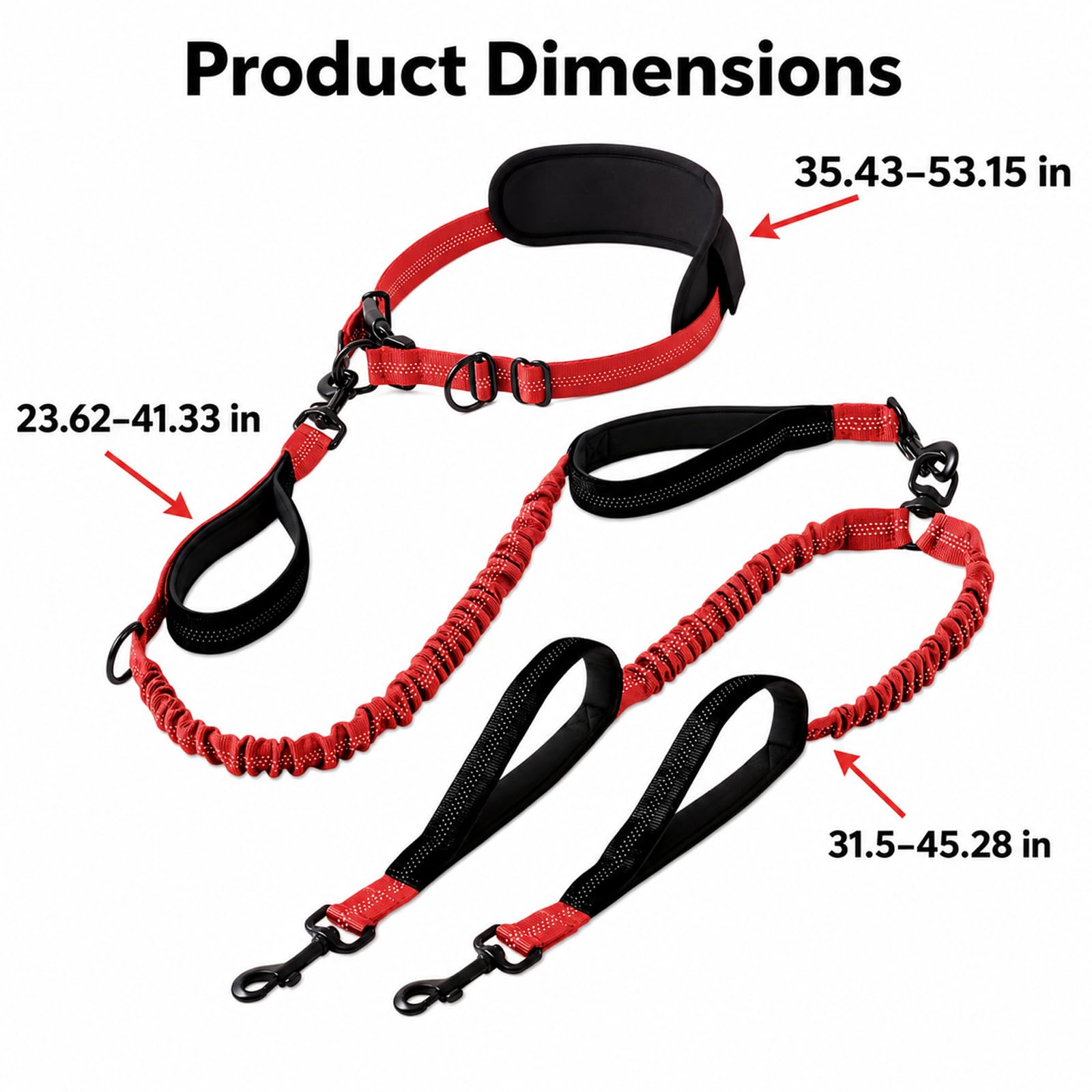 Laisse Mains Libres pour 2 Chiens, Double Laisse avec Amortisseur élastique, Ceinture Ventrale réglable et 4 poignées rembourrées, sans nœuds pour la Course, la Marche et l'entraînement