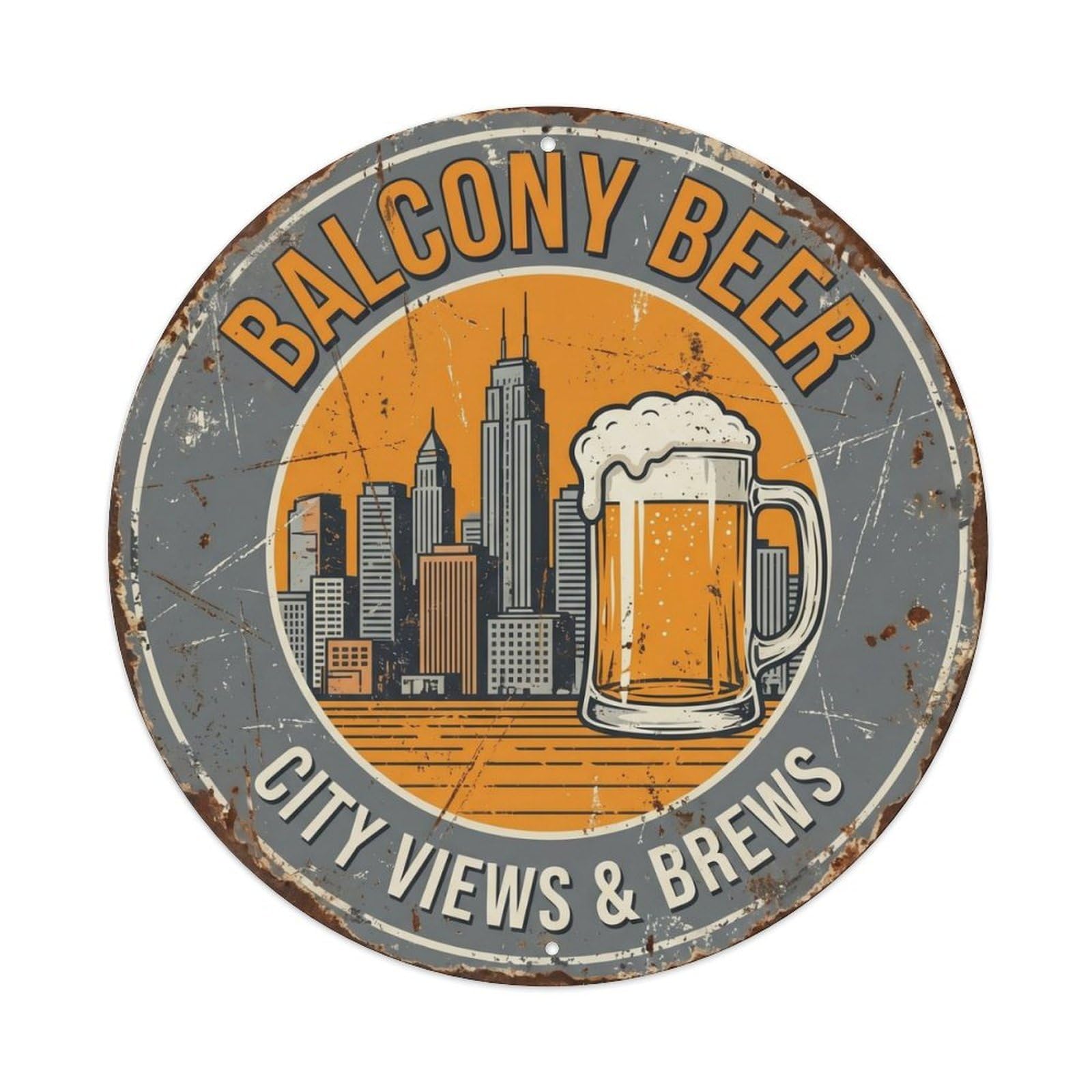 Balcony Urban Patio Beer Metal Tin Sign Plaque Wall Decor for Cafe, Club Bar, Office, Home Garden Round Metal Poster 8x8Inch