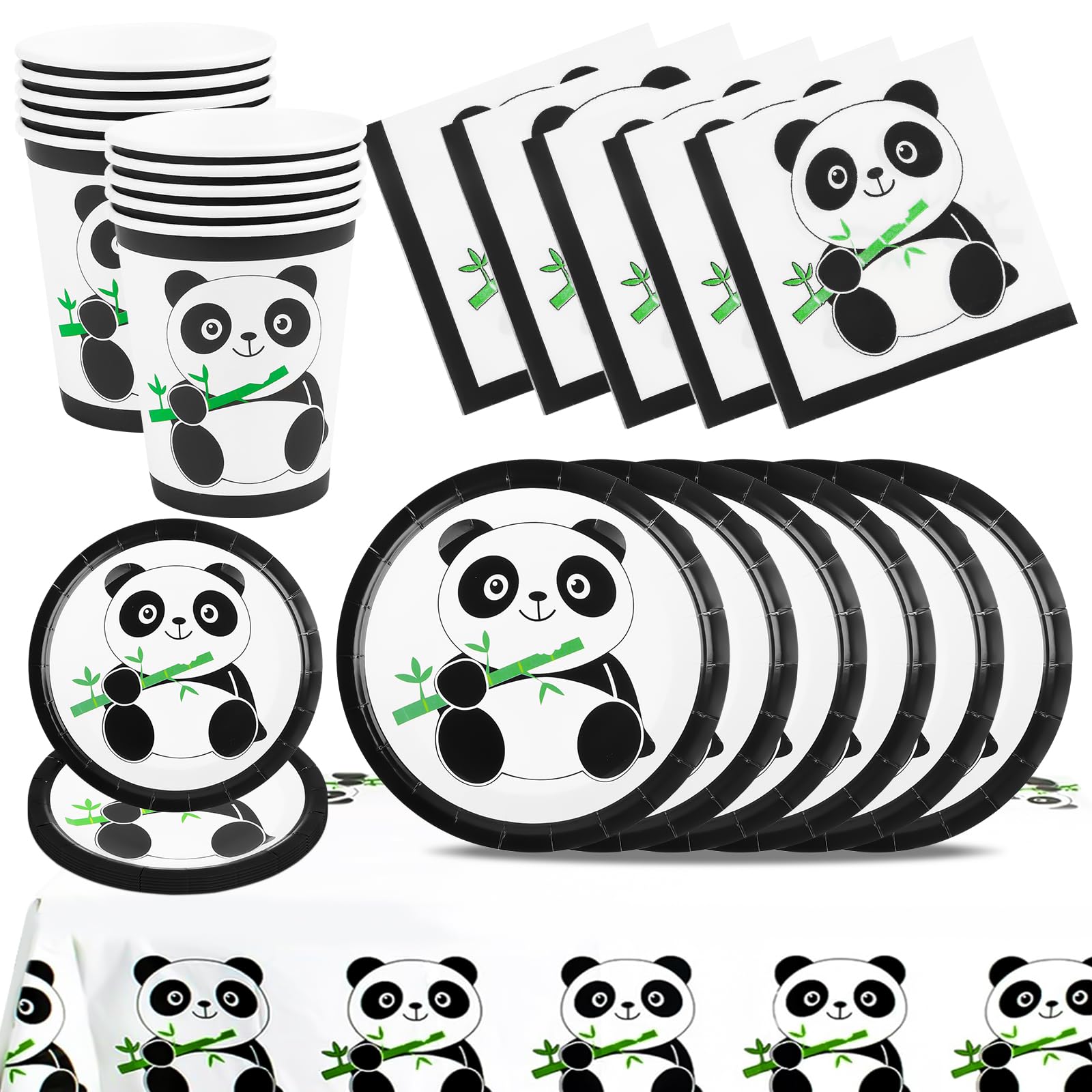 Panda Party Tableware Set, Birthday Party Decoration, Children's Birthday Tableware Decoration, Panda Plates, Cups, Napkins, Tablecloths Party Supplies for 10 Guests