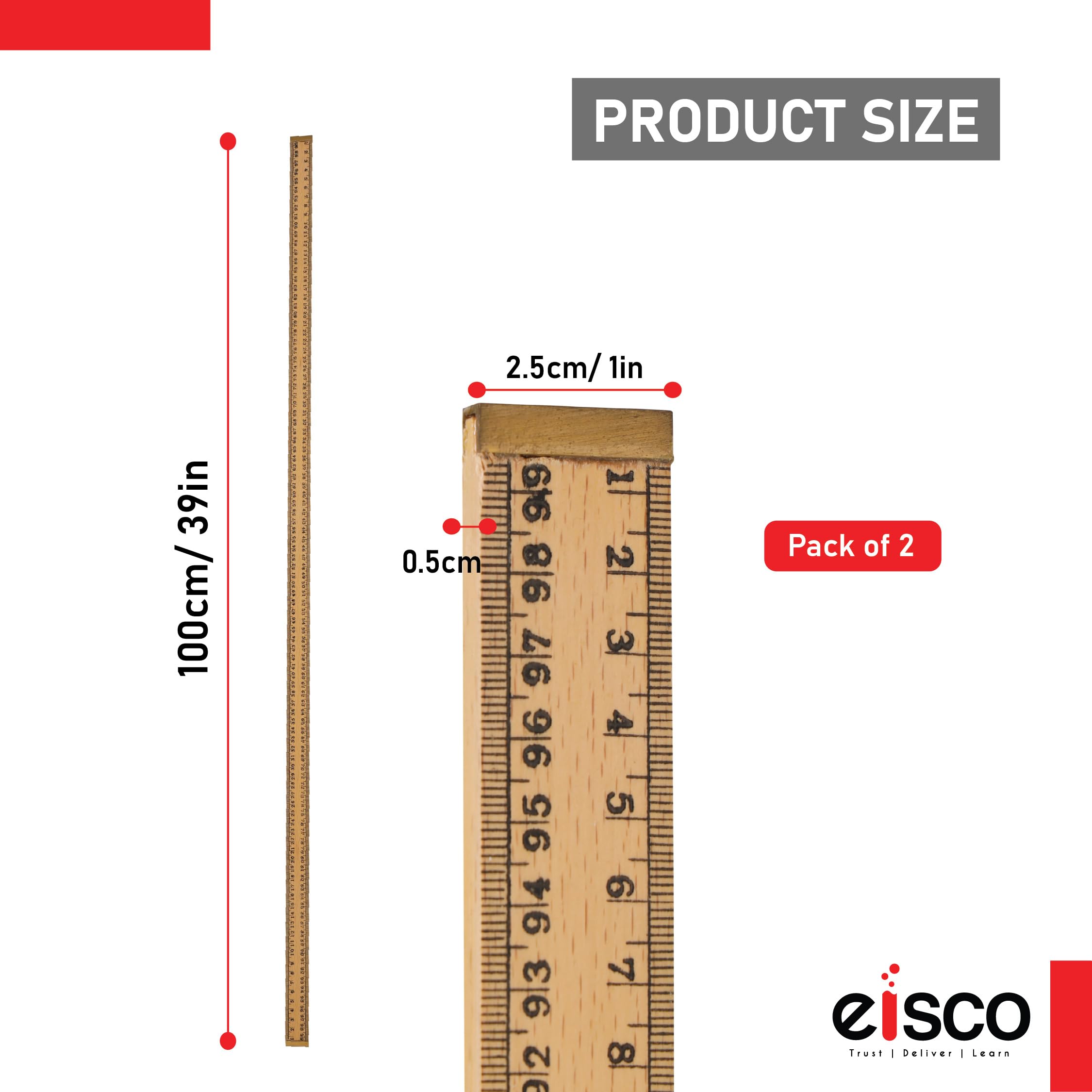 EISCO Premium One Meter (100cm) Wooden Scale(ruler) With Brass Ends For Strong Protected Edges, Horizontal Reading In Reverse On Each End, Pack of 2