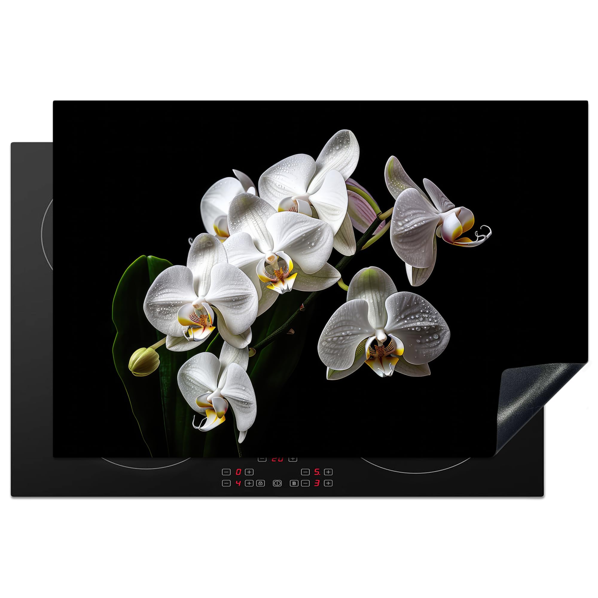 KitchenYeah© Induction Hob Protector Mat 20.5"x30.7" / 78x52 cm Cooker Top Protectors Cover Ceramic Covers Electric Hobs Vinyl Orchid - Flowers - White - Nature - Black
