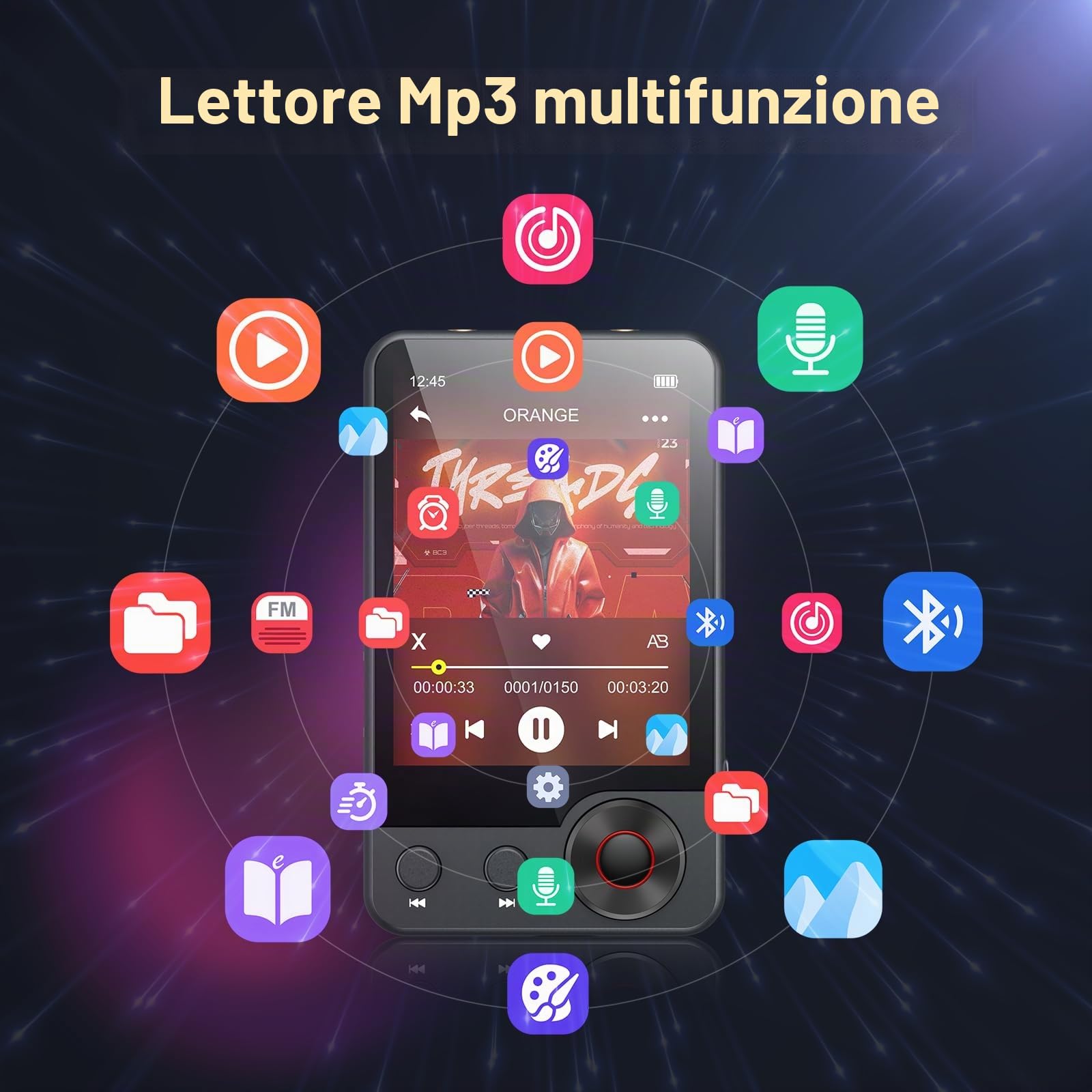 128GB Lettore MP3 con Bluetooth 5.3, Oilsky 2,4 pollici Portatile Touchscreen Lettore MP3 con Altoparlanti, Radio FM, Registrazione Vocale, Cuffie (grigio)