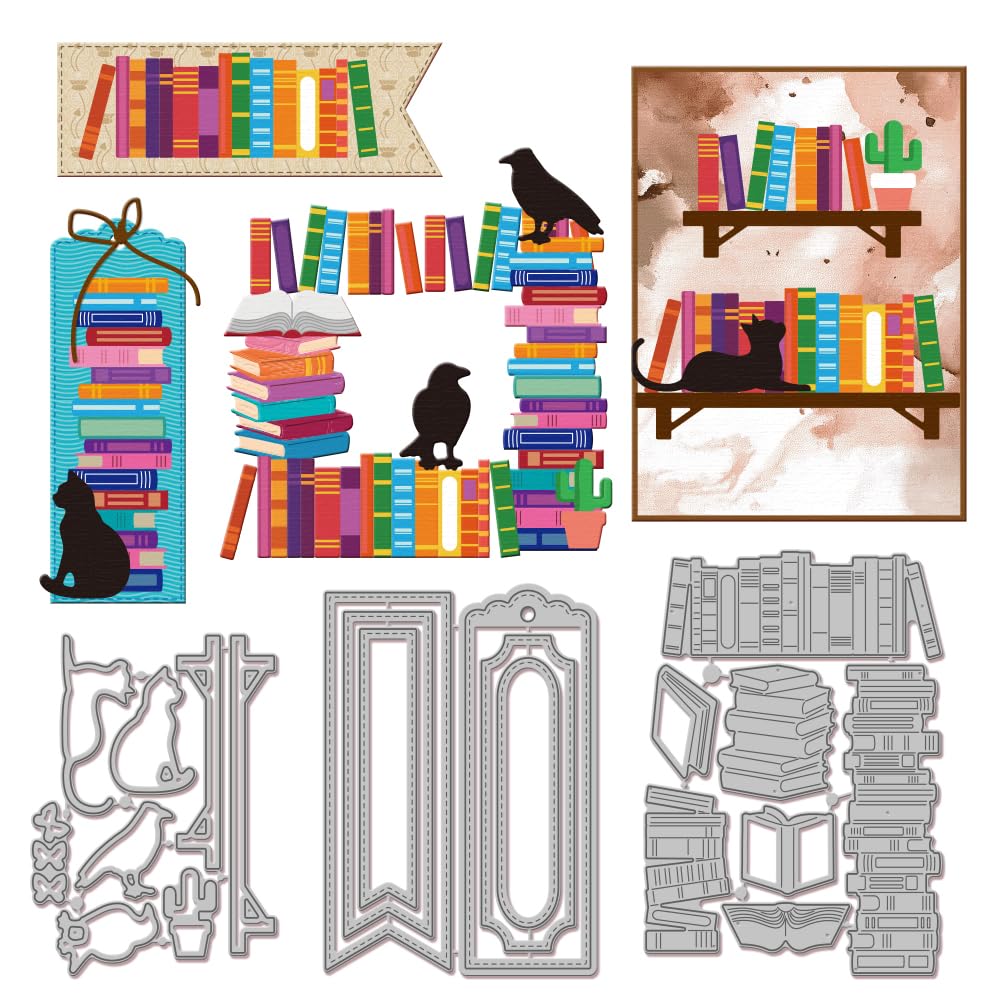 GLOBLELAND Books Piles Cutting Dies for DIY Scrapbooking Cats and Crows Die Cuts Metal Bookmark Frames Cut Stencils for Card Making Embossing Photo Album Craft Decor