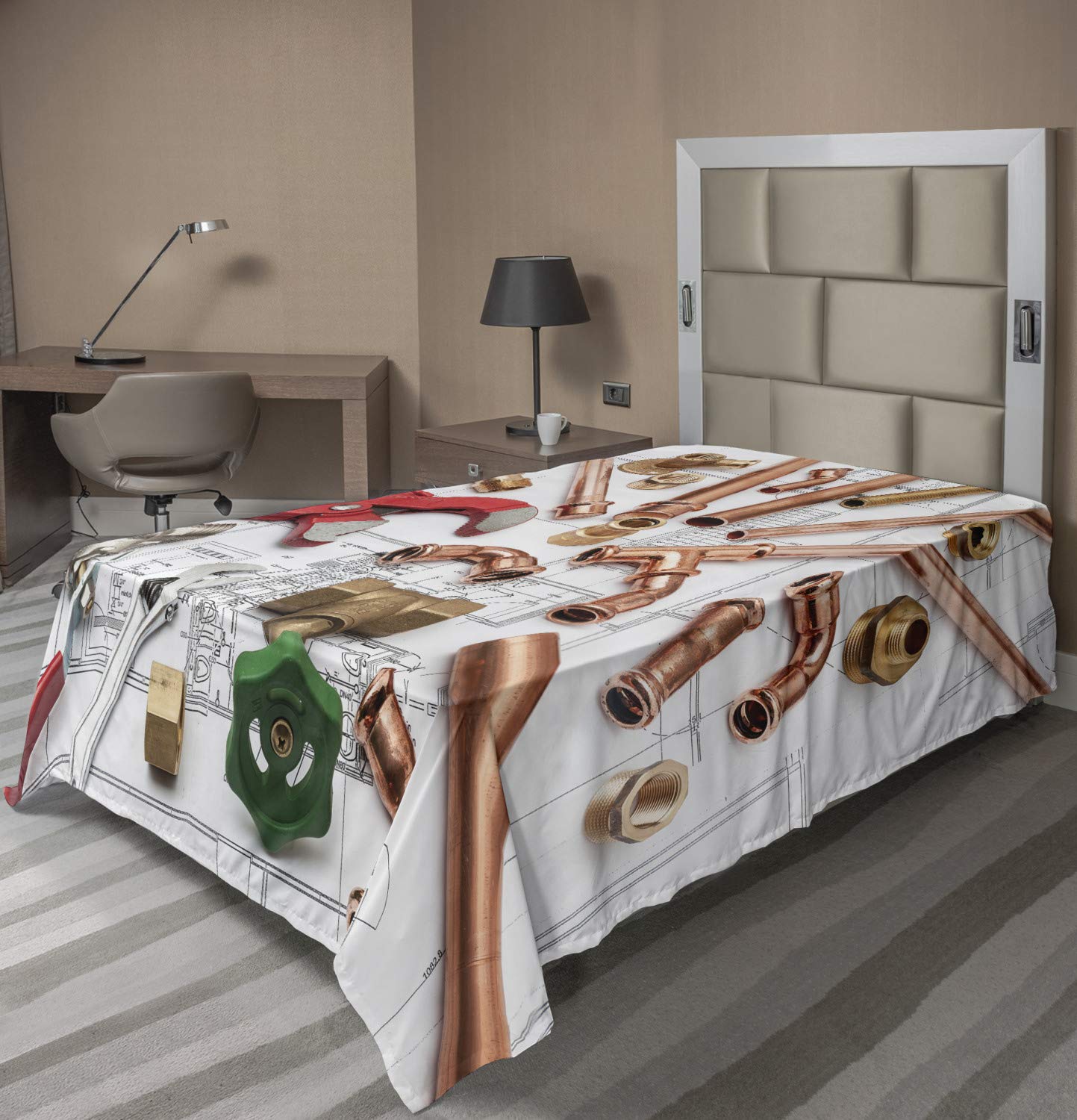 Lunarable Industrial Flat Sheet, Plumbing Tools Wrench Cutter Arranged on House Plan Maps Background, Soft Comfortable Top Sheet Decorative Bedding 1 Piece, Twin Size, Multicolor