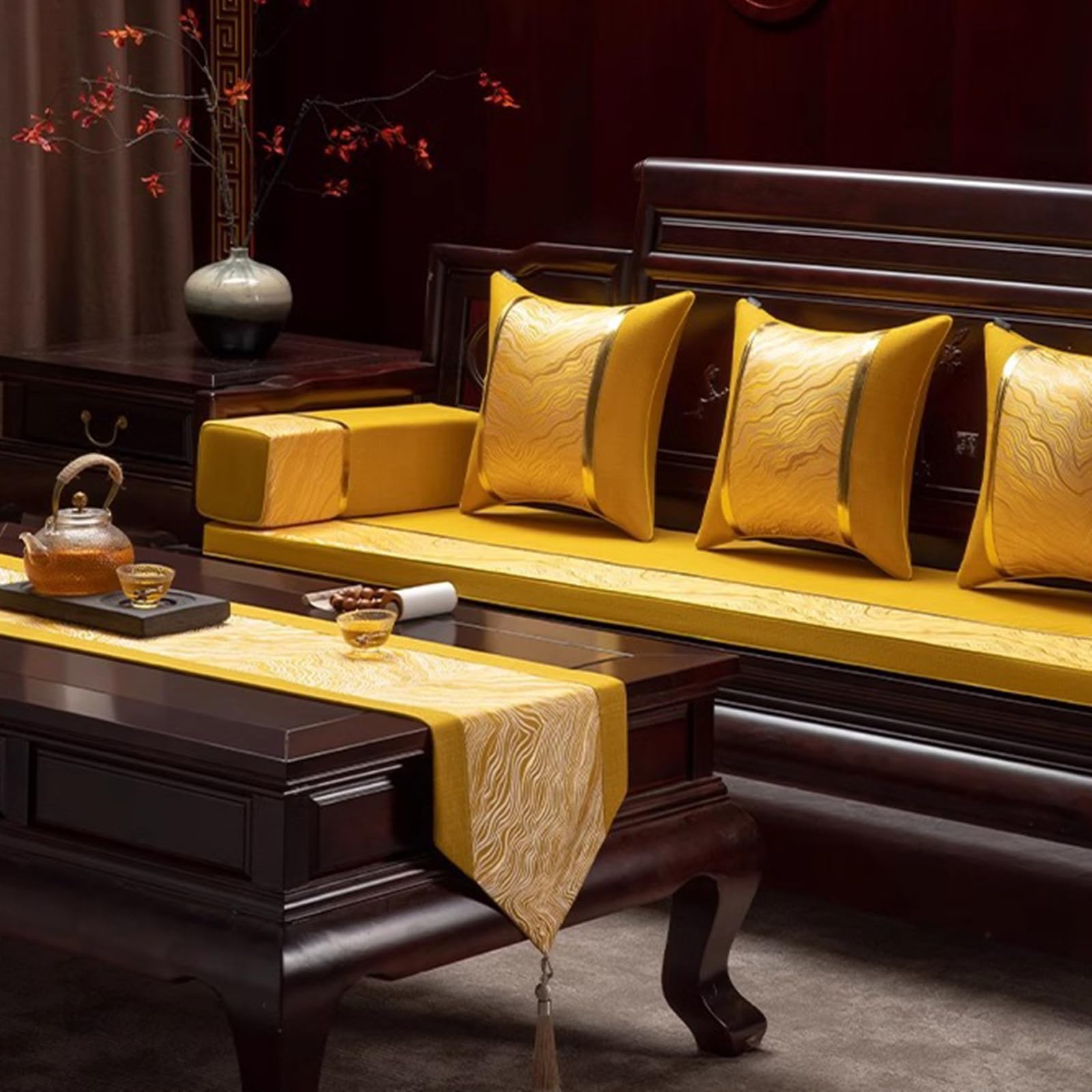 Runner da Tavolo Cotone Lino 33x210 cm, Runner da Tavola Moderno Lavabile Motivo Onde Jacquard A Tema Zen con Nappe Decorazioni per Tavolino da Compleanni Matrimoni, Giallo