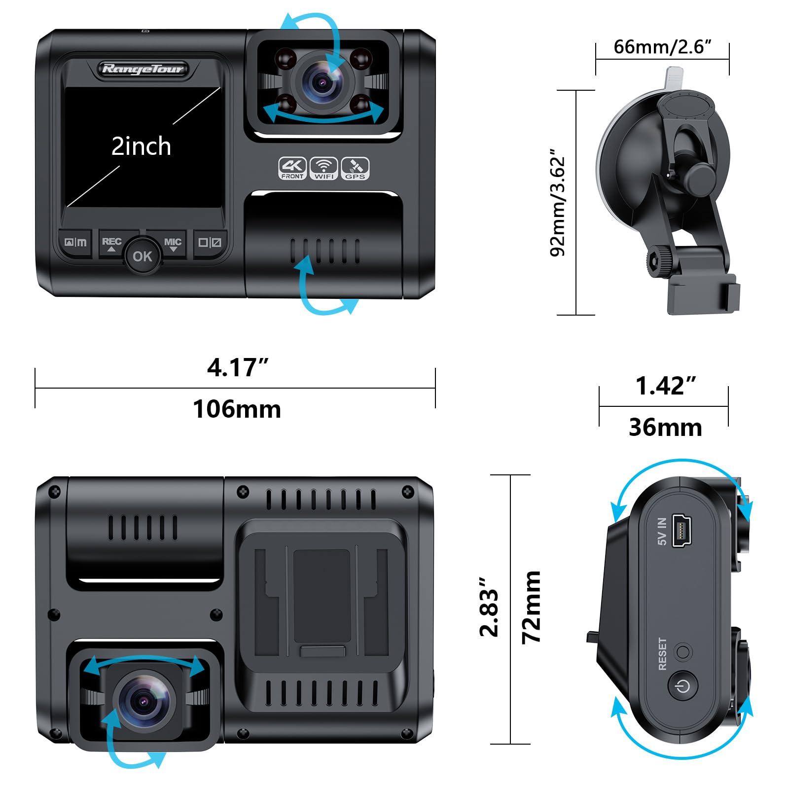 Dashcam Auto 64GB SD-Karte Dual Dash Kamera Vorne Innen 4K 2160P 2 Channel Recorder 170° Weitwinkel GPS