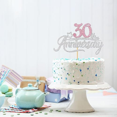 Miniatura 6 de INNORU Decoración para tartas de 30 aniversario, 30 cumpleaños, feliz 30 aniversario de boda, decoración de fiesta de aniversario de boda, purpurina