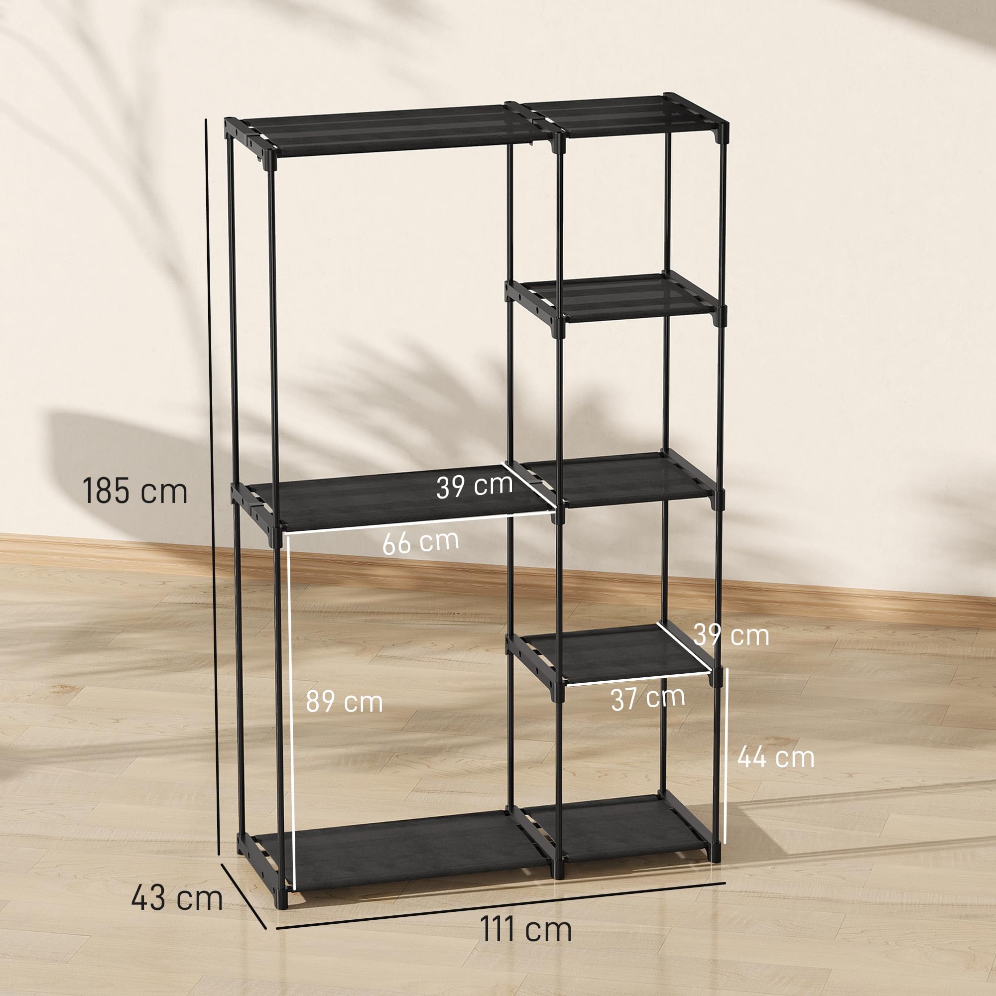 HOMCOM Stoffschrank Kleiderschrank mit Kleiderstange, Ablagen, Stoffkleiderschrank für Schlafzimmer, Ankleidezimmer, 111 x 43 x 185 cm, Schwarz
