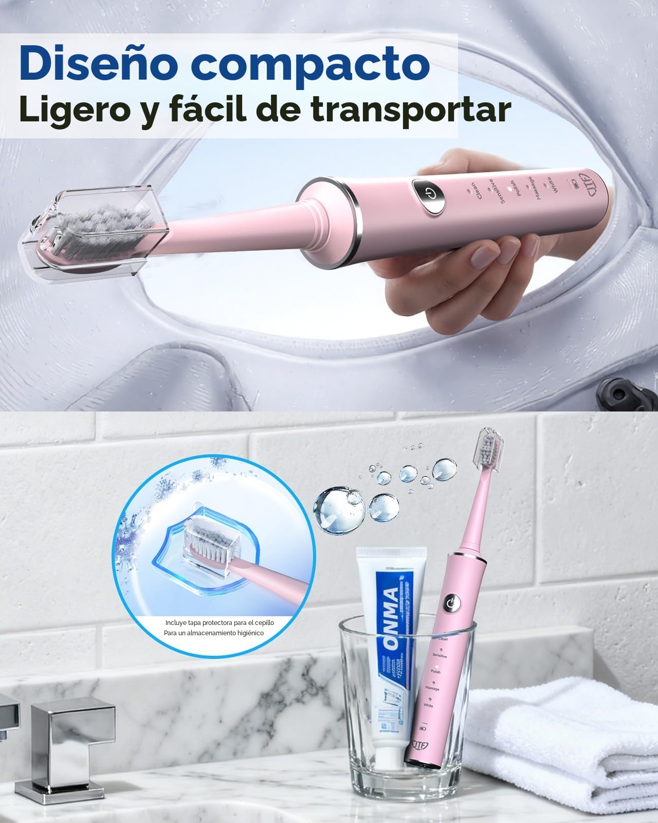 JTF Cepillo de Dientes Eléctrico Sónico – Limpieza Profunda para Encías Sensibles, 5 Modos, 45 Días de Batería, 8 Cabezales, IPX7 Impermeable, Temporizador Inteligente, Ideal para Viajes (Rosa)