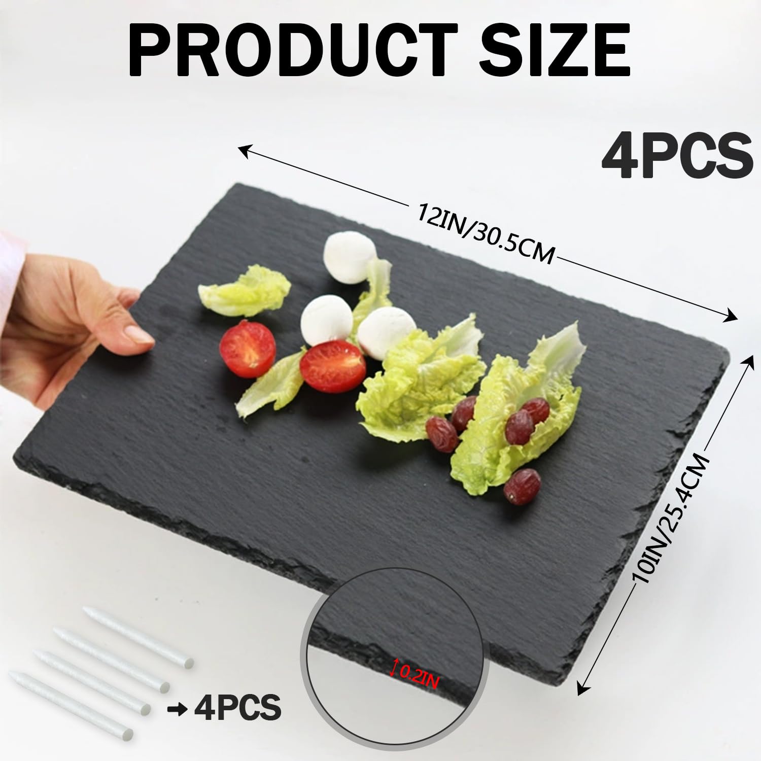 Paquete de 4 tablas de queso de pizarra negra de 12 x 10 pulgadas, bandeja rectangular de piedra natural con 4 tizas de piedra para servir alimentos, carnes, frutas, aperitivos