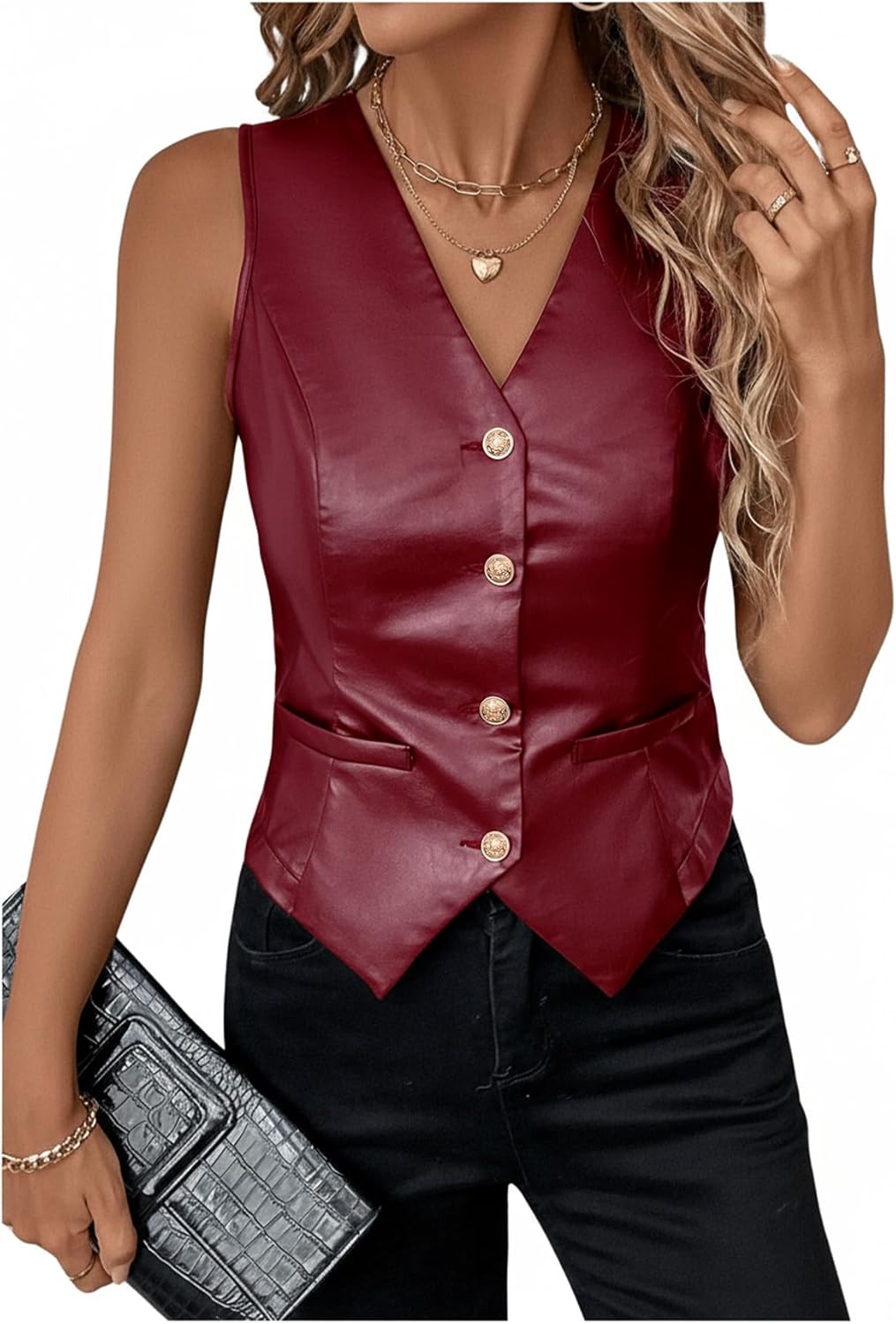 SweatyRocks Women's PU Leather Button Down V Neck Sleeveless Jacket Vest Waistcoat medium Burgundy
